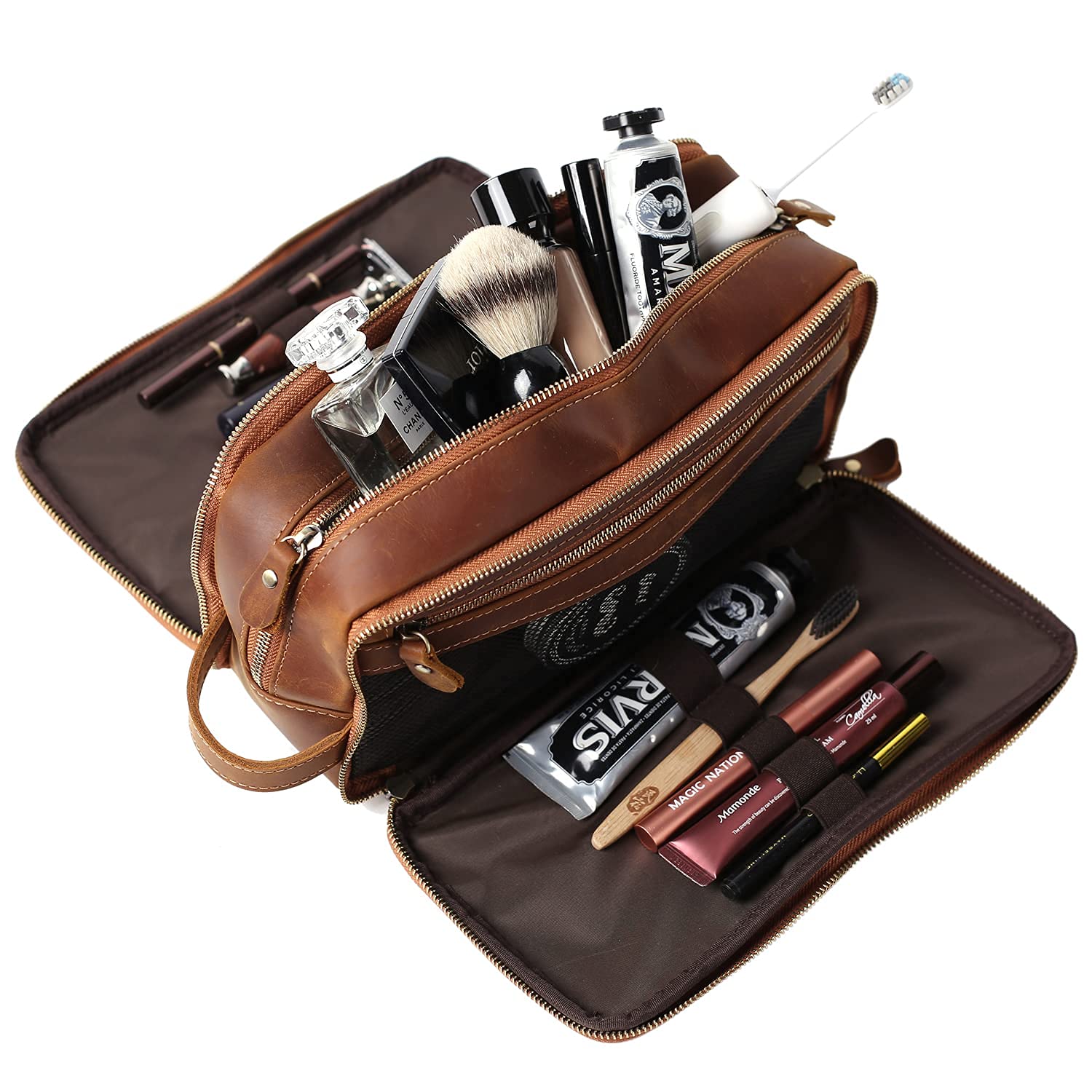 Premium Full Grain Leather Toiletry Bag for Men - Personalized Travel Shaving Dopp Kit, Large Cosmetic Organizer for Bathroom & Gym Essentials (Brown) | Perfect Gift for Business Travel & Weekend Getaways