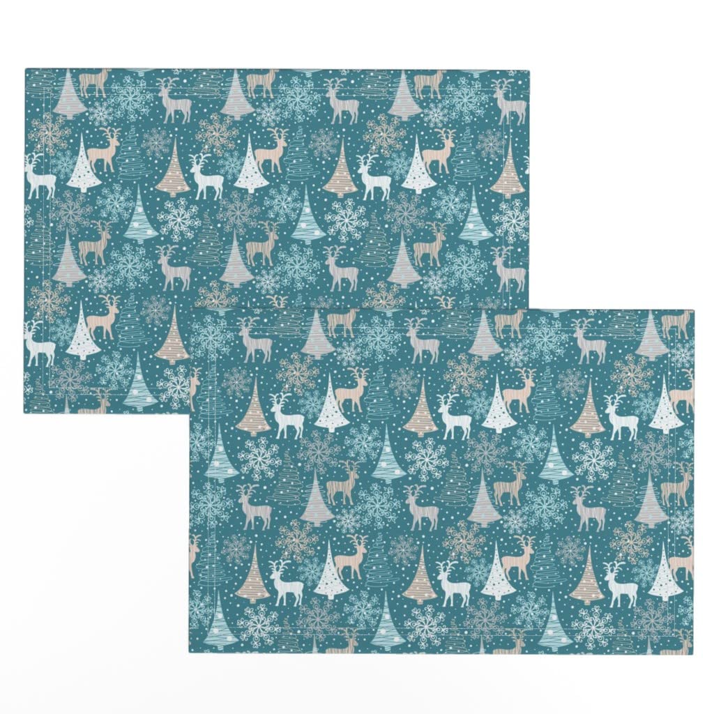 Premium Linen Cotton Canvas Placemats Set of 2 - Winter Forest Deer Christmas Snowflakes Holiday Table Decor | Rustic Woodland Deer Print Cloth Placemats for Dining Table, Holiday Parties & Home Decor