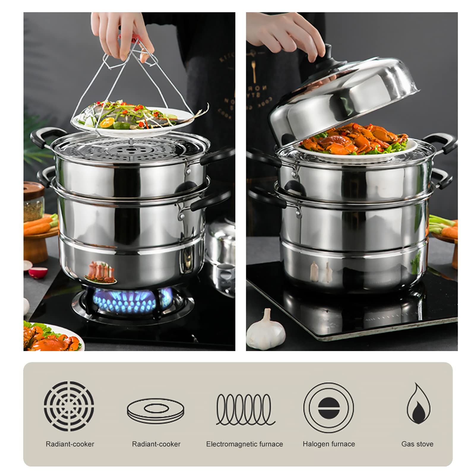 DOITOOL Stainless Steel Steamer Pot with Lid - Ceramic Soup Bowl & Glass Double Boiler for Crab, Fish, Vegetables - Multi-Function Cookware for Cooking, Braising, Steaming Noodles | Perfect for Home Kitchen, Restaurants & Asian Cuisine
