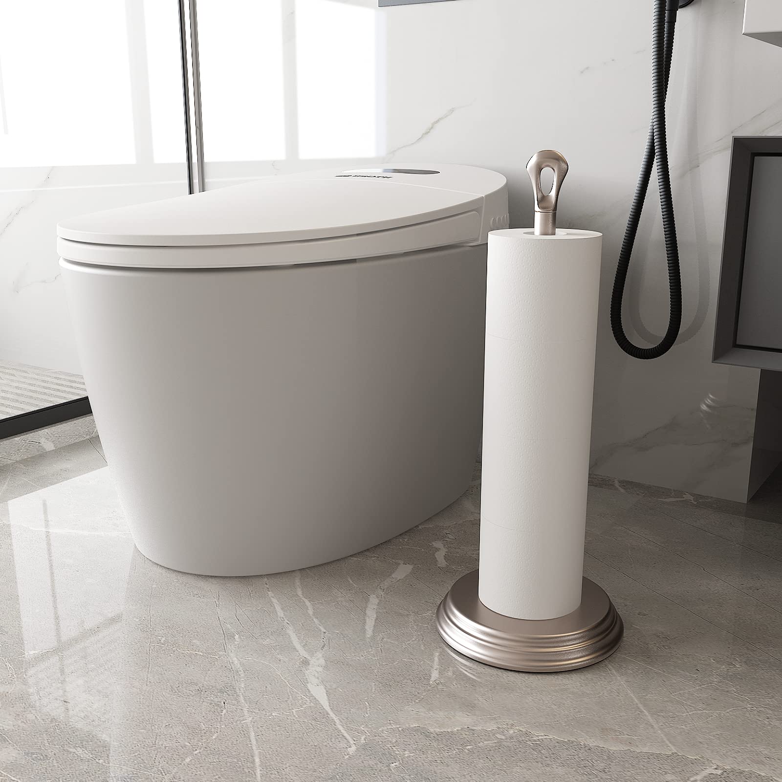 KASUNTO Rustproof Free Standing Toilet Paper Holder - Brushed Nickel Bathroom Tissue Roll Stand for Modern Bathrooms | Durable Metal Storage for Toilet Paper Rolls | Perfect for Home, Office & Guest Bathroom Accessories