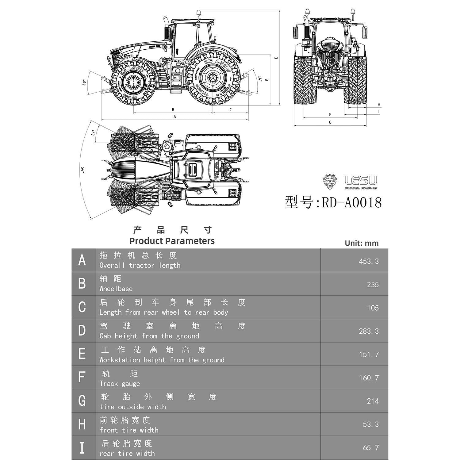 LESU AOUE 1050 1/14 Scale 4WD Metal Hydraulic RC Tractor - 4X4 Radio Control Vehicle with Light & Sound - Realistic Agricultural Toy Car for Hobbyists & Collectors - Perfect for Farm Simulation Play & RC Model Enthusiasts