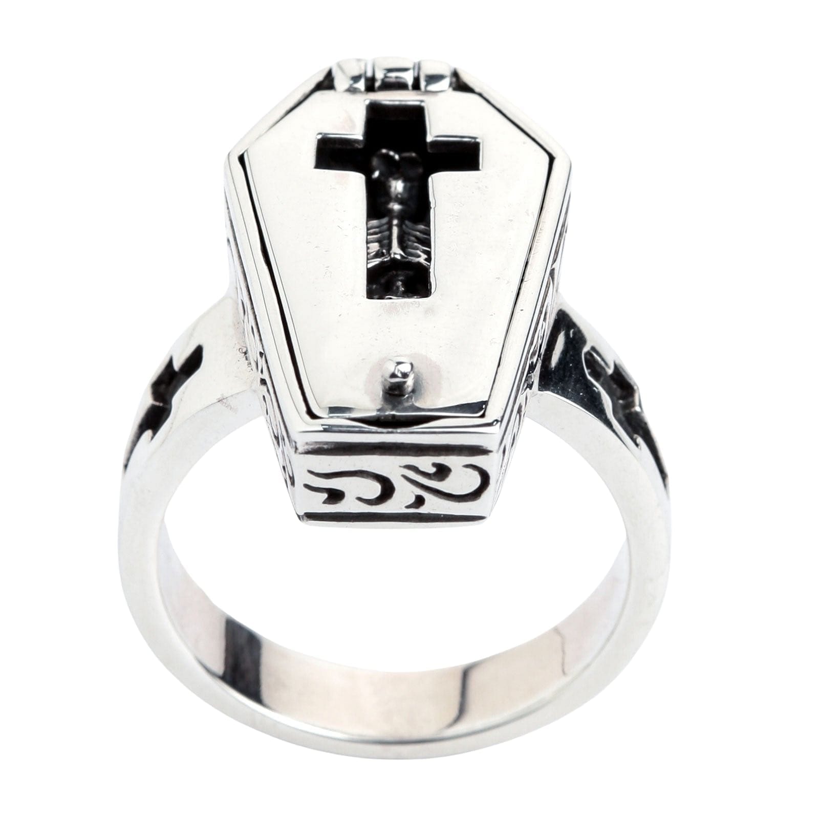 Gothic Sterling Silver Skull Skeleton Coffin Ring for Men Women - Punk Jewelry for Halloween, Gothic Fashion & Alternative Style