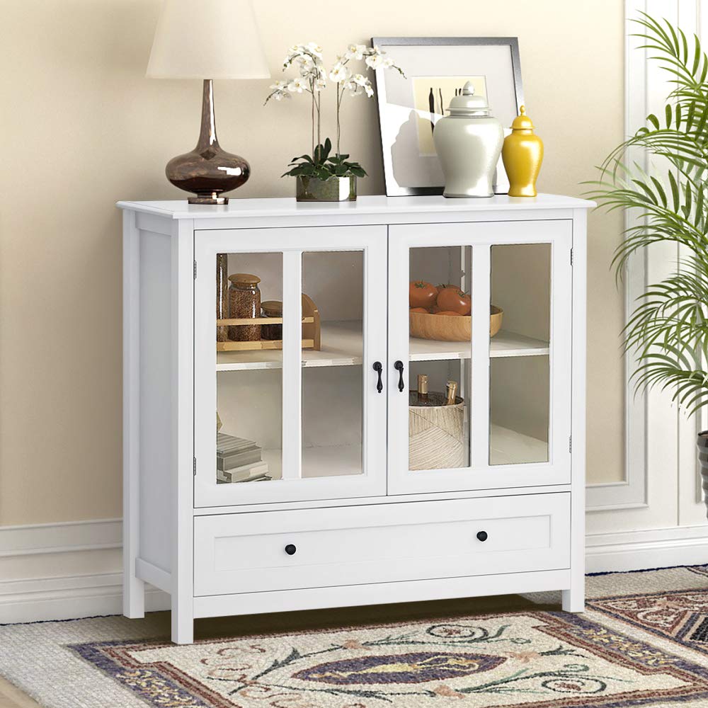 Modern White Wood Buffet Sideboard with Large Drawer & 2 Glass Doors - Elegant Kitchen Storage Cabinet, Entryway Console Table for Living Room, Bedroom, Dining Room | Perfect for Home Organization & Stylish Decor