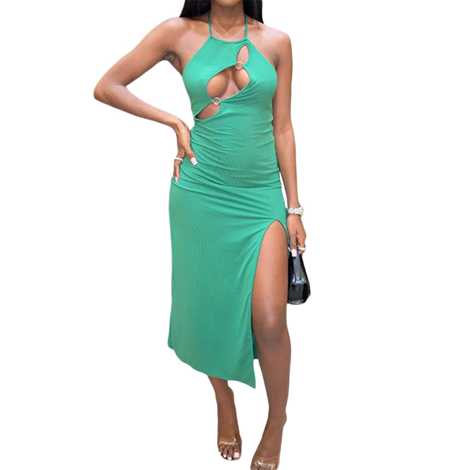Sexy Women's Halter Neck Backless Bodycon Midi Dress with Cutout Side Slit - Slim Fit Party Club Long Dress for Night Out, Date Night & Special Occasions