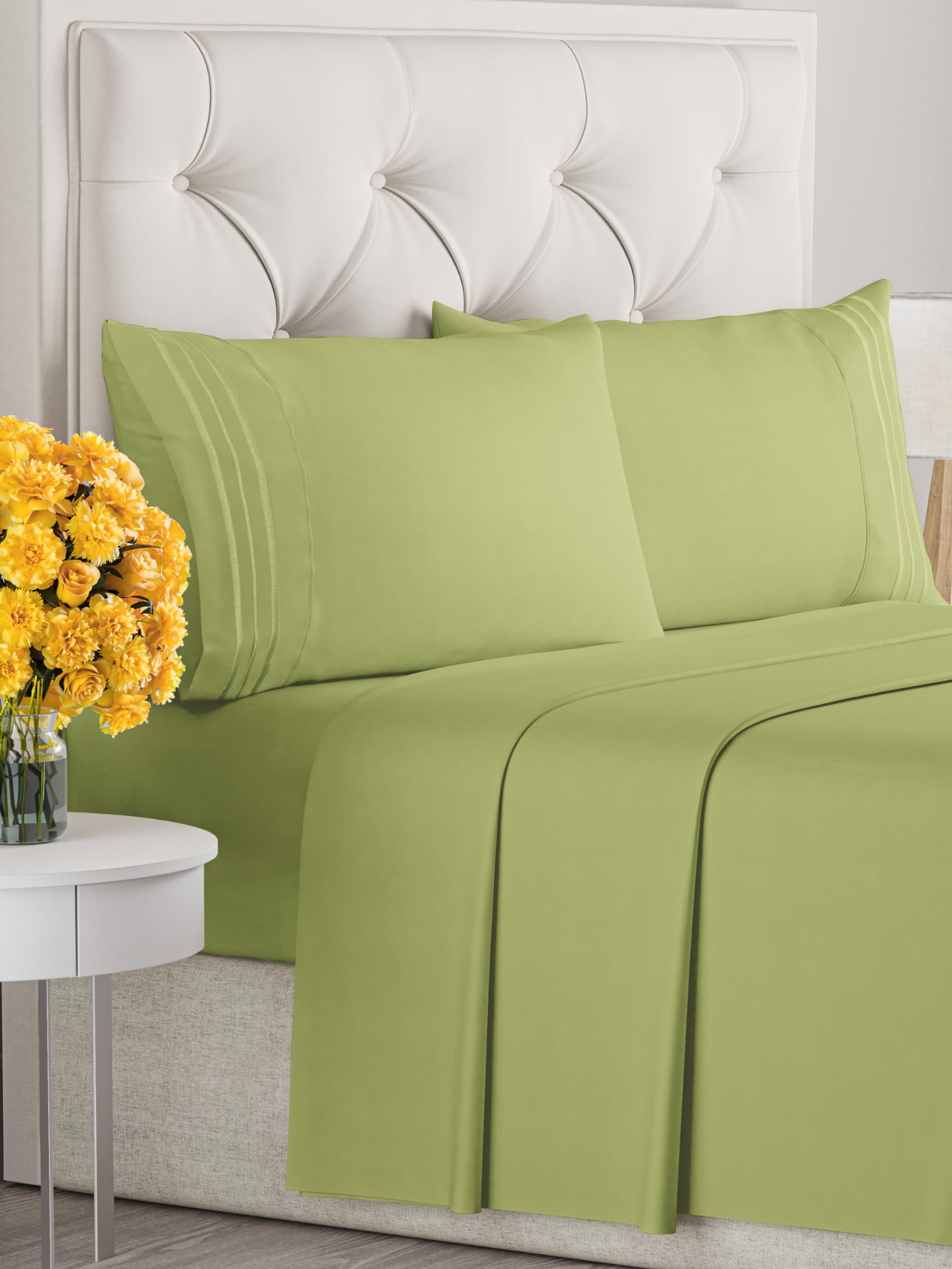 CGK Unlimited Queen Size 4-Piece Sheet Set - Breathable Cooling Bed Sheets - Luxury Hotel Quality - Deep Pocket Easy Fit - Soft Wrinkle-Free - Light Olive Green - Perfect for Home, Guest Room & Vacation Rental Comfort