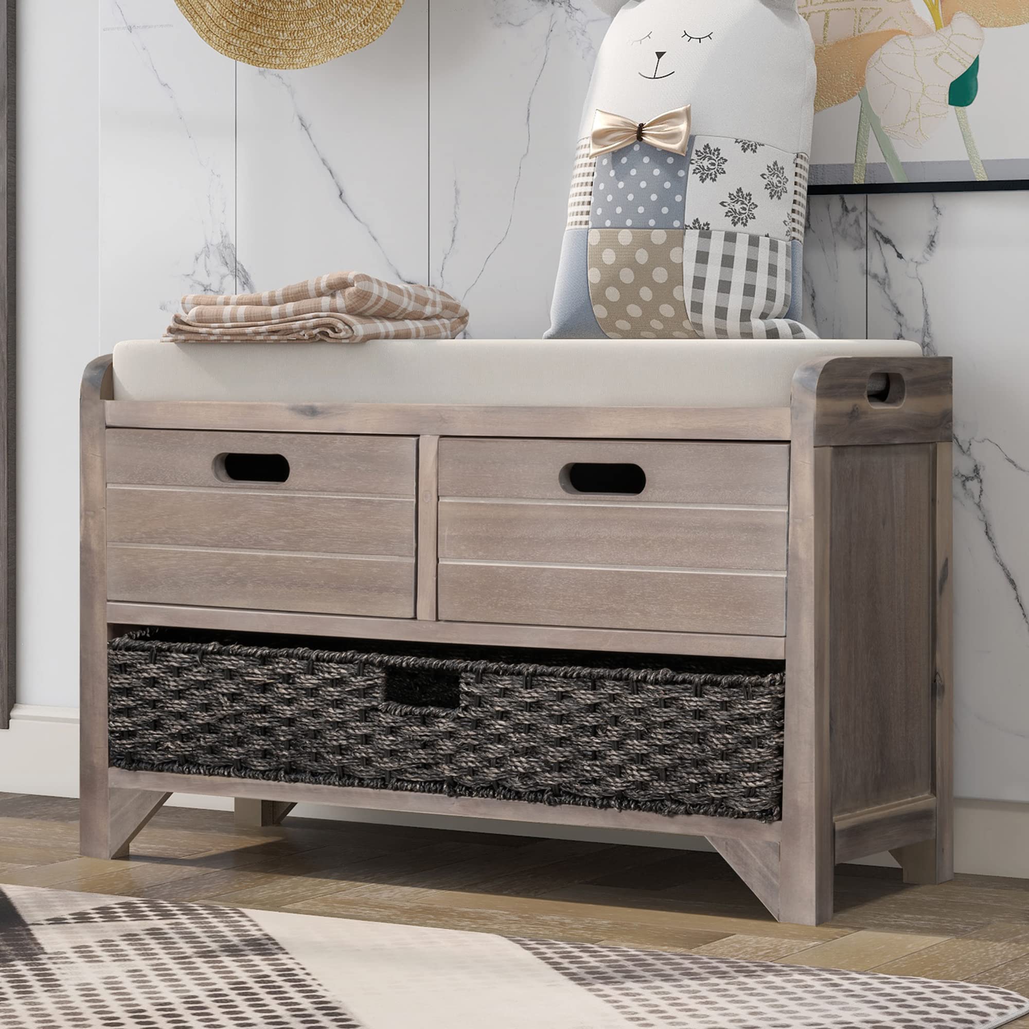 P PURLOVE White Washed Entryway Storage Bench with 2 Drawers & Removable Basket - Fully Assembled Shoe Bench with Cushion for Hallway, Living Room, Bedroom - Perfect for Organizing Shoes, Hats & Home Decor Accessories