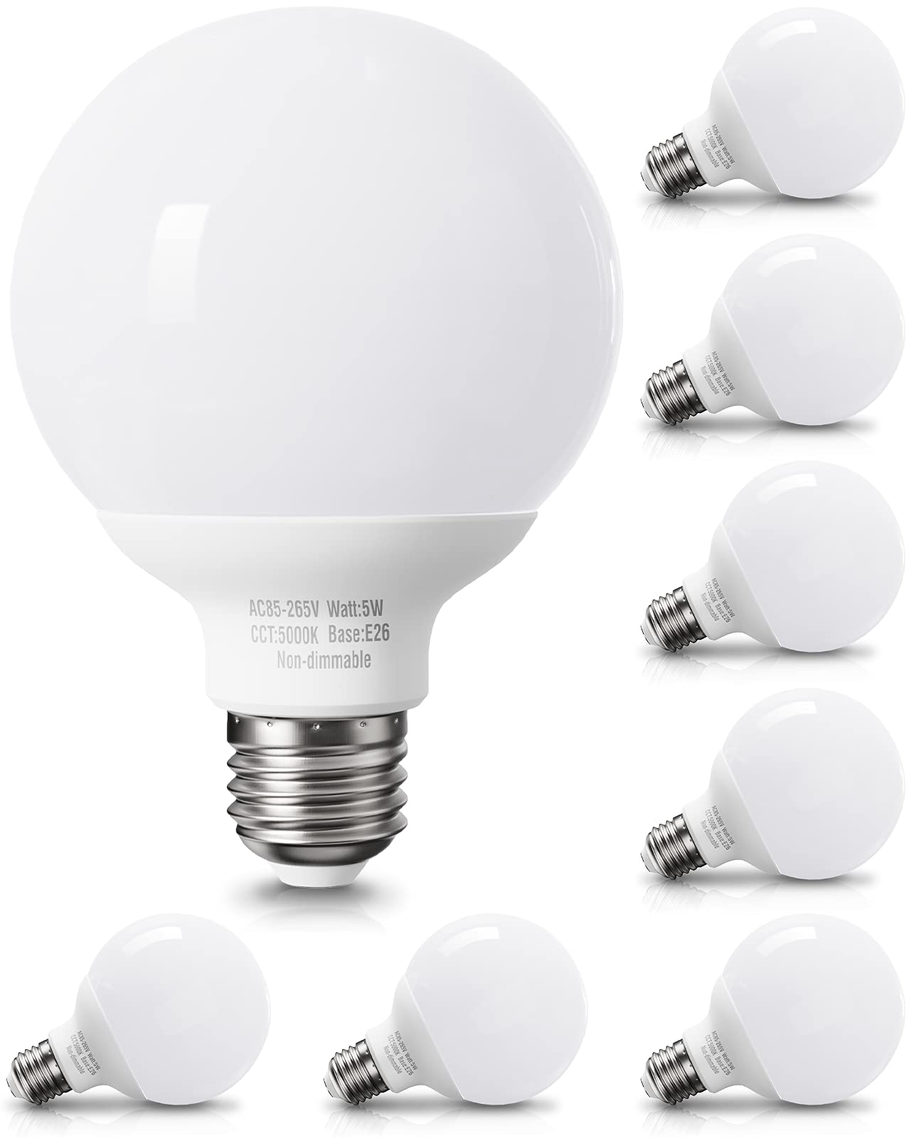 8 Pack Daylight LED Globe Light Bulbs - 5000K Bright White, 60W Equivalent, E26 Medium Base, Non-Dimmable G25 Vanity Bulbs for Bathroom Mirror Lighting, Vanity Makeup, Dressing Room & Home Decor