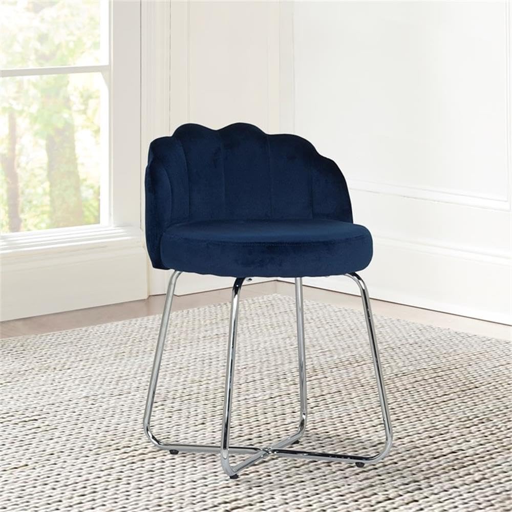 BOWERY HILL Dark Blue Fabric Traditional Metal Vanity Stool - Perfect for Bathroom, Bedroom & Dressing Room Makeup Seating