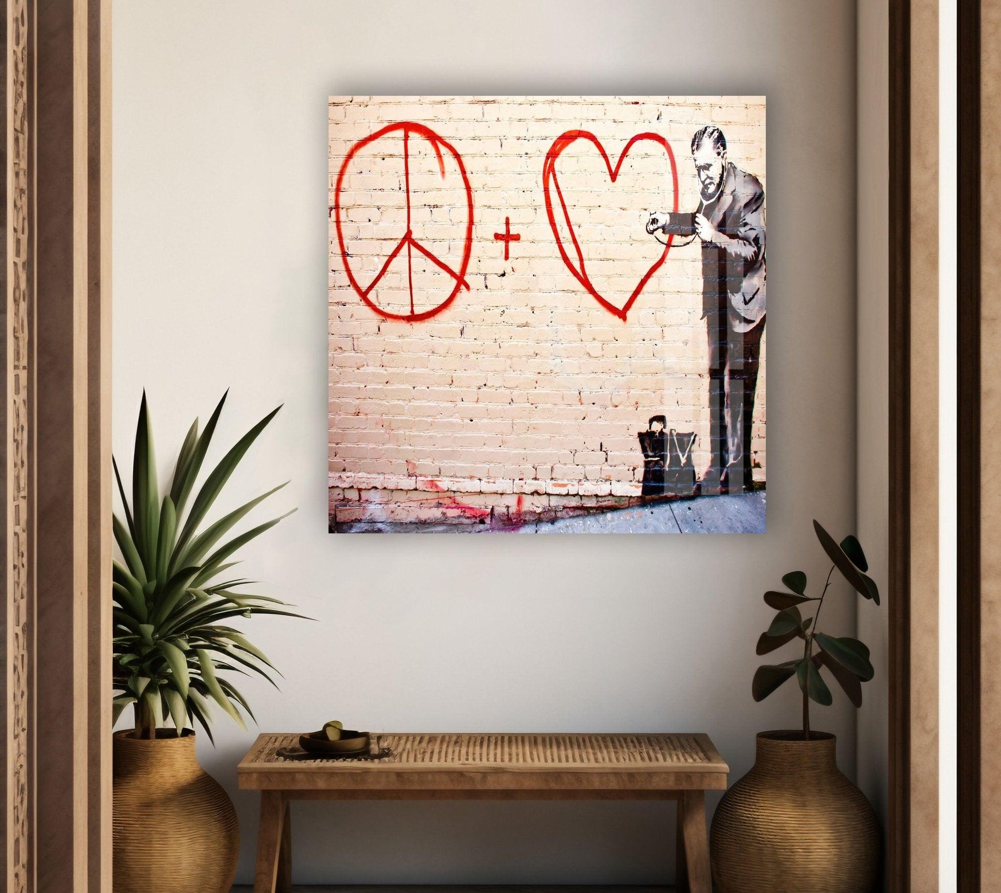 Banksy Peace and Love Glass Wall Art - Modern Home Decor for Living Room, Bedroom & Office - Unique Street Art Inspired Glass Panel