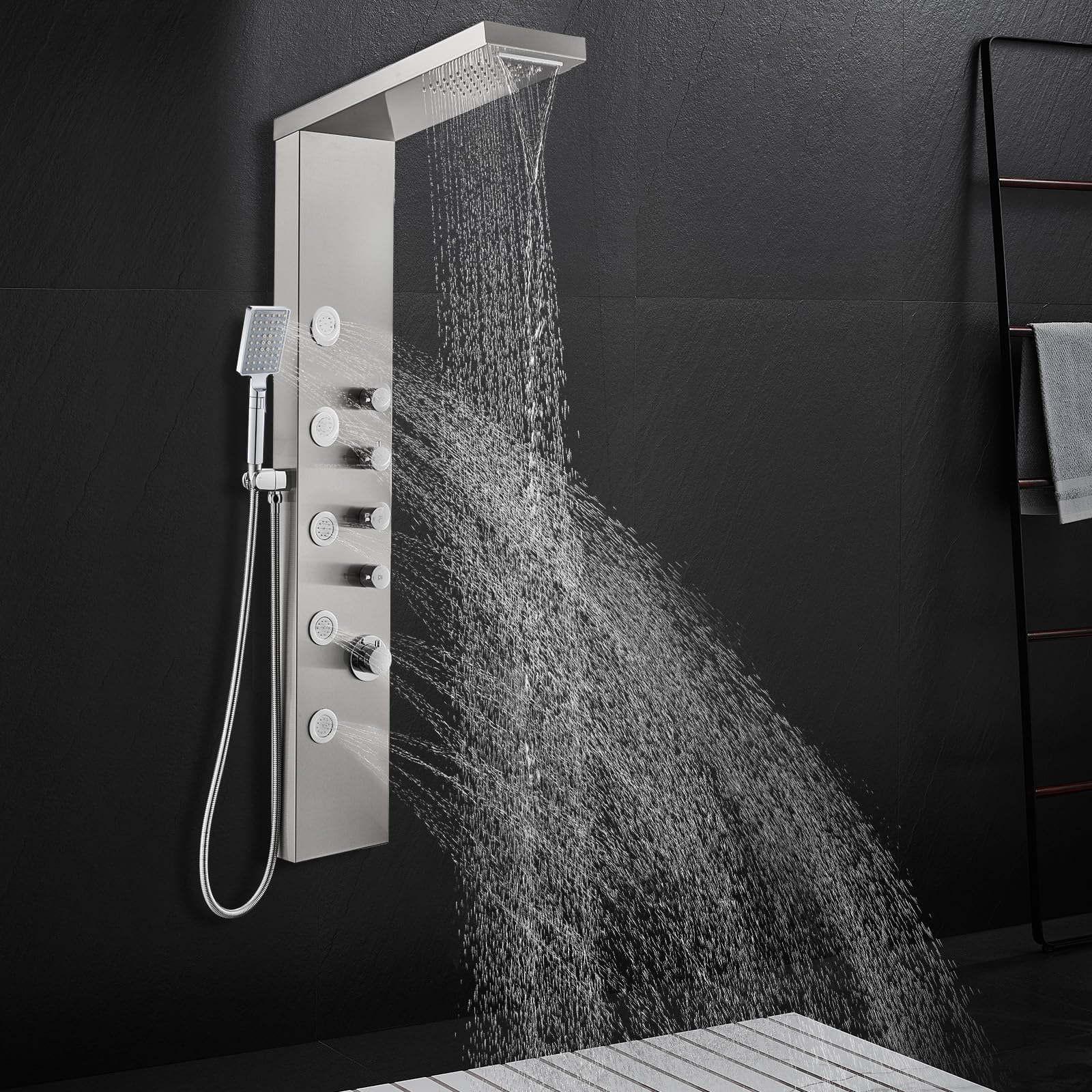 ROVATE Rainfall Waterfall Shower Tower Panel System - 304 Stainless Steel Bathroom Shower Panel with 5 Body Jets & 3 Handheld Shower Heads - Wall Mounted Shower Column with Brushed Finish - Perfect for Spa-Like Luxury Bathroom Experience