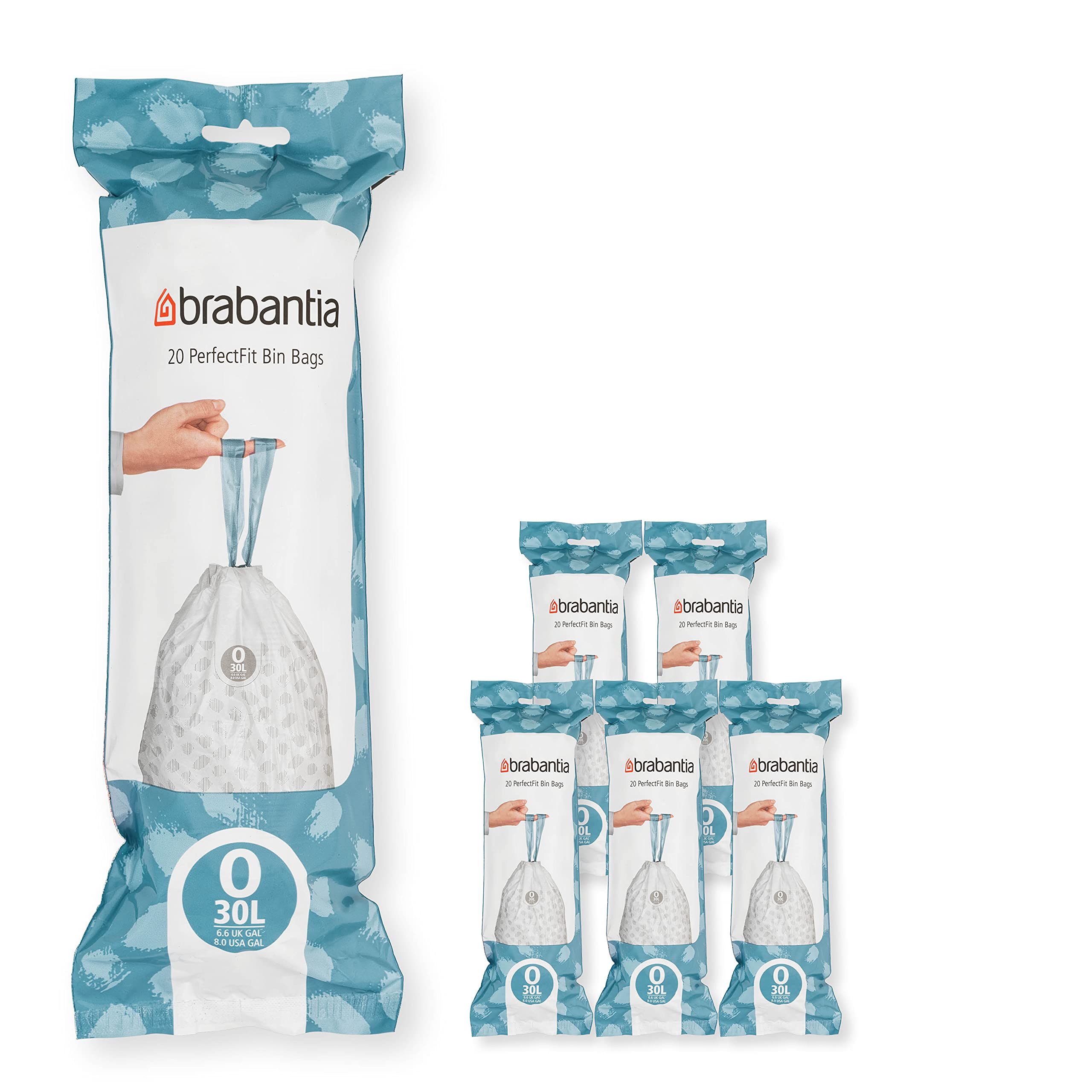 Brabantia PerfectFit 8 Gallon Trash Bags with Drawstring Handles - 120 Count Thick Plastic Trash Can Liners for Kitchen, Bathroom & Office Waste Disposal