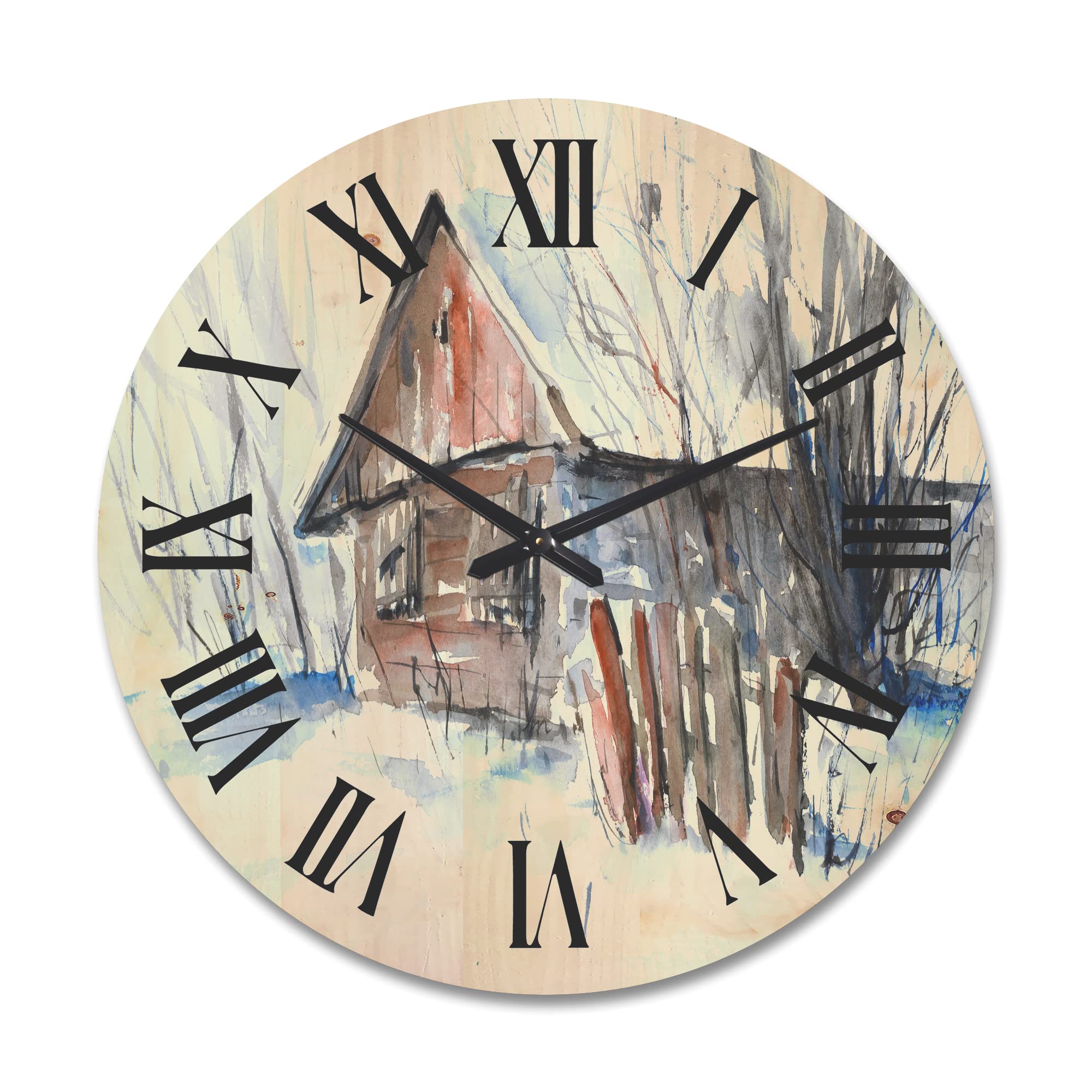 Vintage Wooden House Winter Snow Landscape Wall Clock - Large Oversized Traditional Wooden Wall Clock for Living Room, Bedroom & Office Décor - Perfect Rustic Home Decor for Farmhouse, Cabin & Nature Lovers