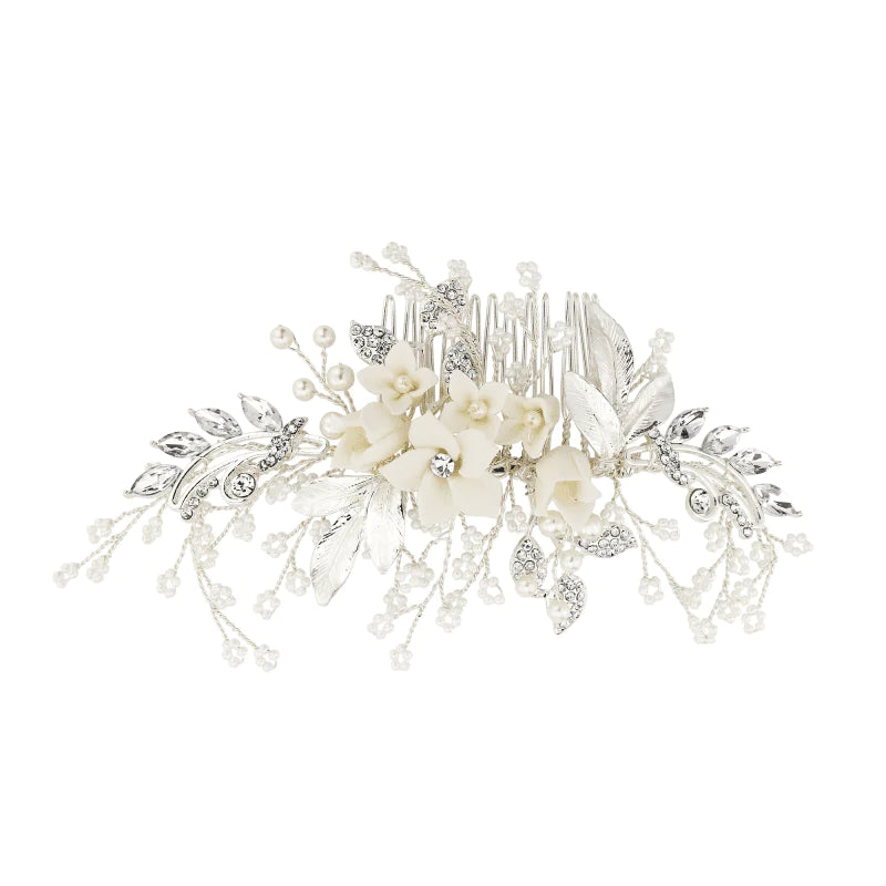 Elegant Silver Floral Wedding Hair Comb with Crystal & Pearls - Perfect for Brides, Prom, and Formal Occasions - A1940
