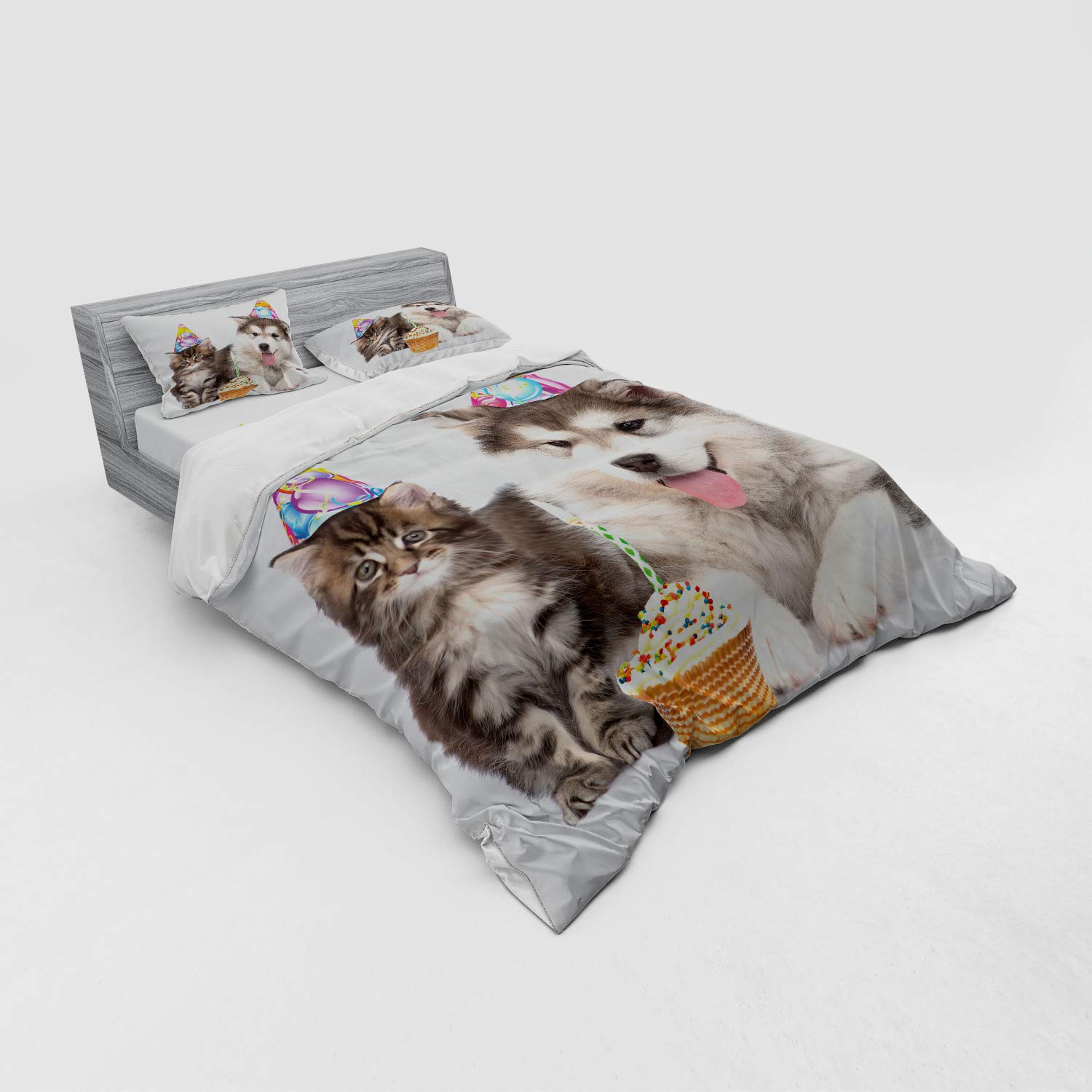 Ambesonne Birthday Duvet Cover Set - Dog & Cat Pet Theme with Party Hats & Cupcakes, 4-Piece Queen Size Bedding Set (Shams + Fitted Sheet) in White & Brown - Perfect for Pet Lovers' Bedrooms & Birthday Gift Ideas