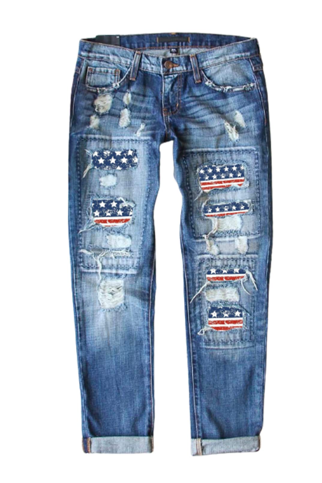 EVALESS Women's Ripped Boyfriend Jeans - Distressed Skinny Denim Pants with Plaid Patch Design | Casual Streetwear & Everyday Fashion