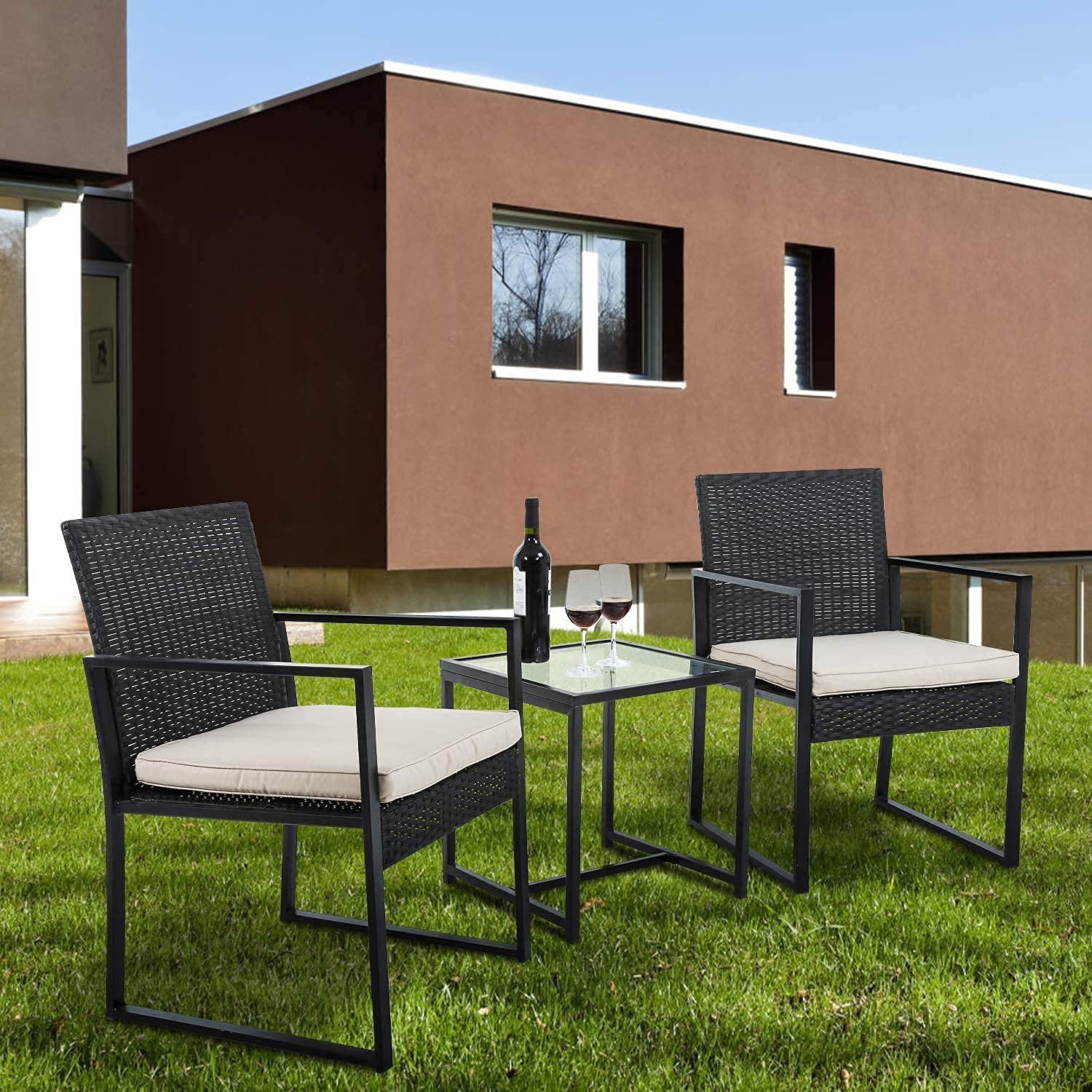 3-Piece Outdoor Patio Furniture Set - All-Weather Wicker Bistro Table with Rattan Chairs & Thick Cushions - Patio Conversation Set with Tempered Glass Coffee Table - Perfect for Backyard, Poolside, Garden Lounge & Outdoor Entertaining