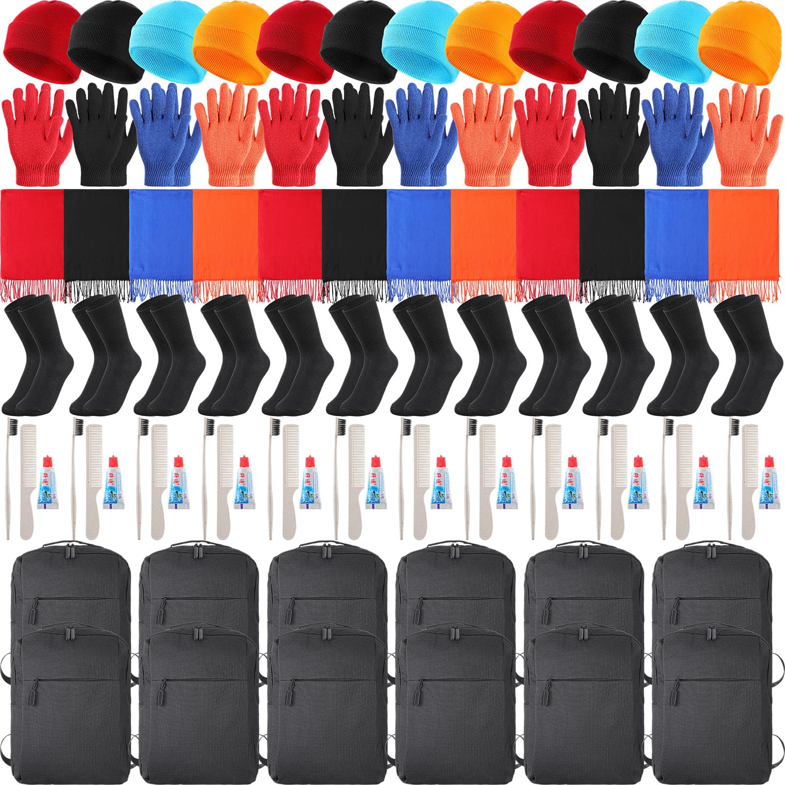 12-Piece Homeless Care Kit - Travel Size Toiletries, Winter Hat, Scarves, Gloves, Socks & Backpack - Emergency Survival Supplies for Homeless Shelters, Charity Donations & Cold Weather Preparedness