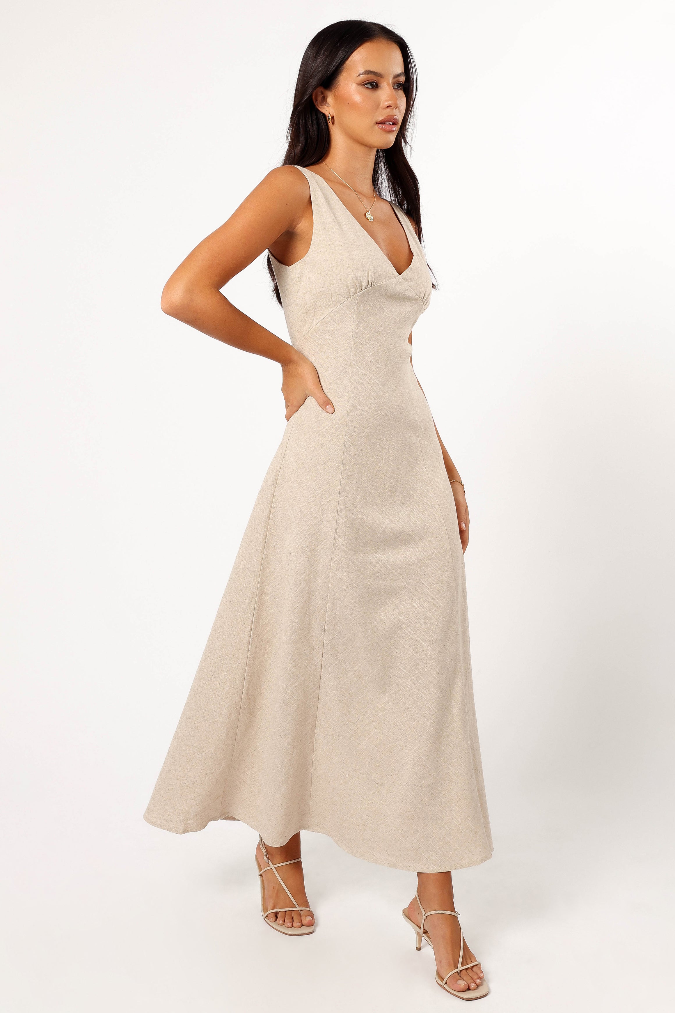 Adren Midi Dress for Women - Elegant Oatmeal Color, Flowy A-Line Silhouette, Perfect for Casual Outings, Office Wear & Special Occasions