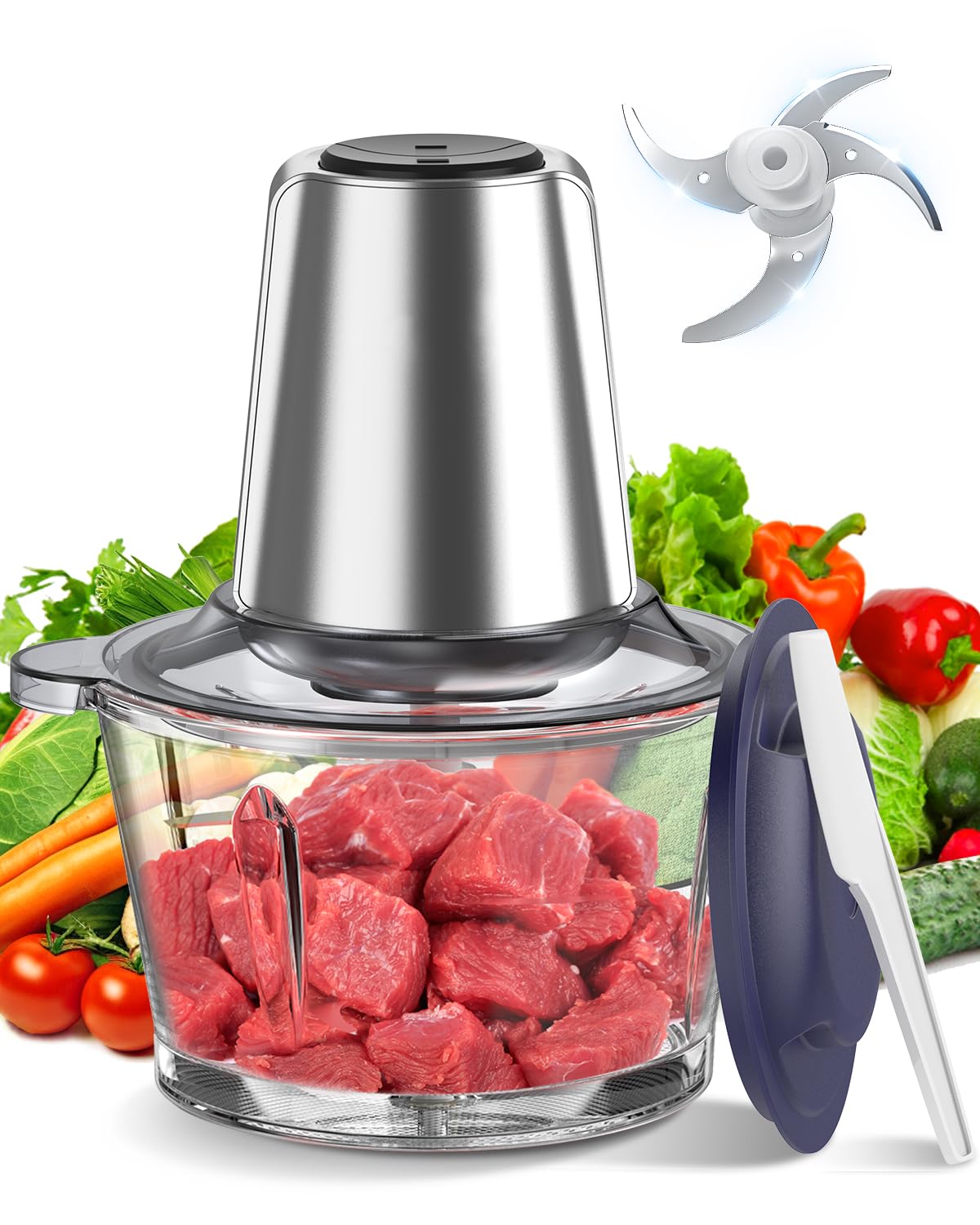 500W Electric Food Chopper & Dicer with Meat Grinder - 2L Glass Bowl, 4 Sharp Blades & 2 Speeds - Perfect for Baby Food, Vegetables, Fish & Onions - Ideal for Meal Prep, Purees & Quick Kitchen Tasks