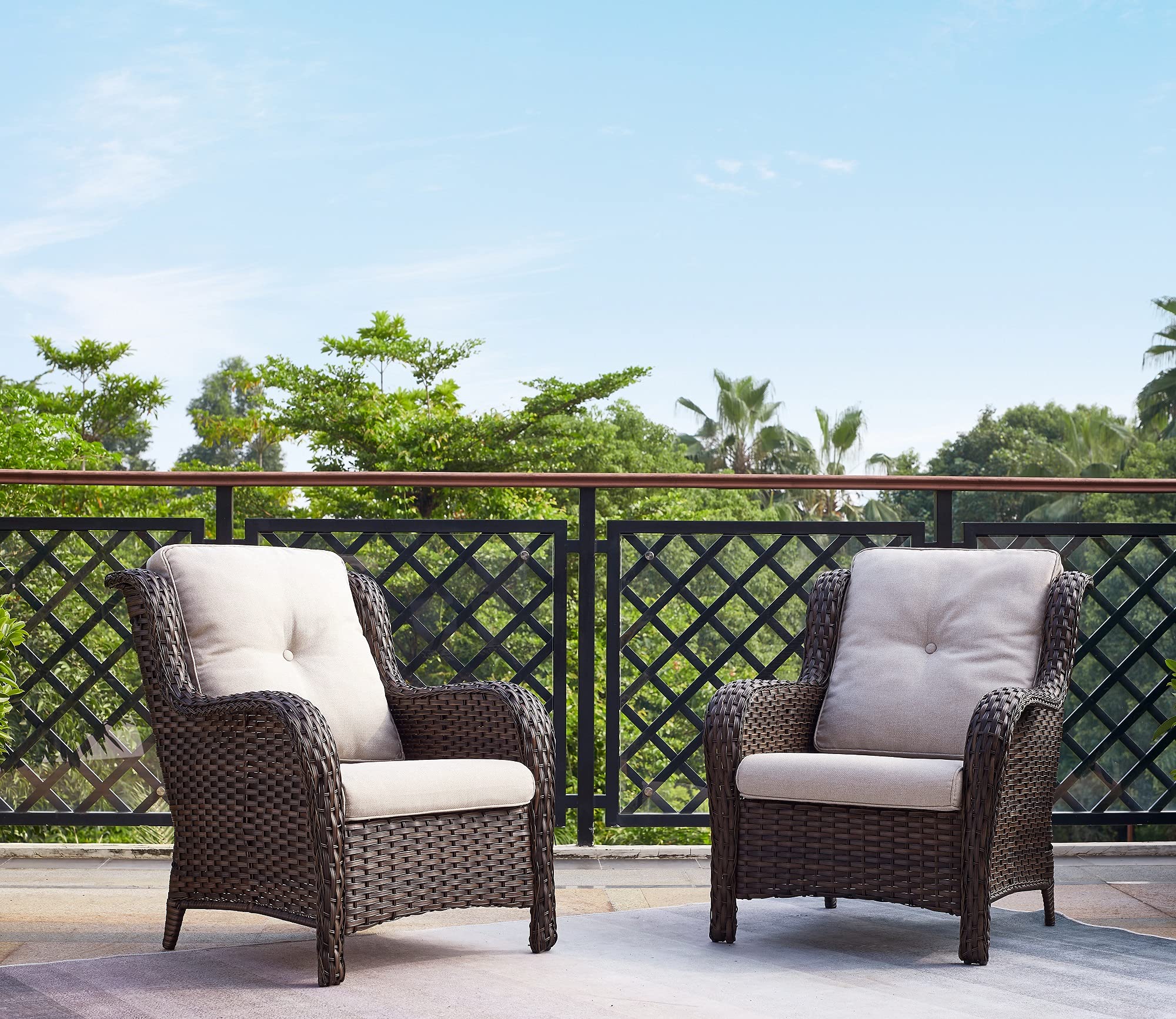 2-Piece Brown/Beige Wicker Patio Chair Set - High Back Rattan Dining Chairs with Deep Seating for Outdoor Porch, Garden, Poolside & Backyard Relaxation
