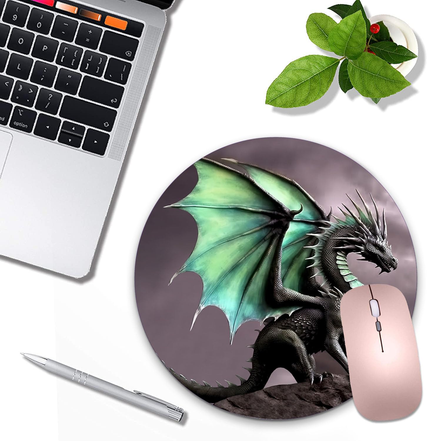 LACOMA Dragon Design Round Mouse Pad and Coasters Set - Non-Slip Rubber Base for Laptop & Computer - Cute Desk Accessories for Gaming, Office & Home Decor