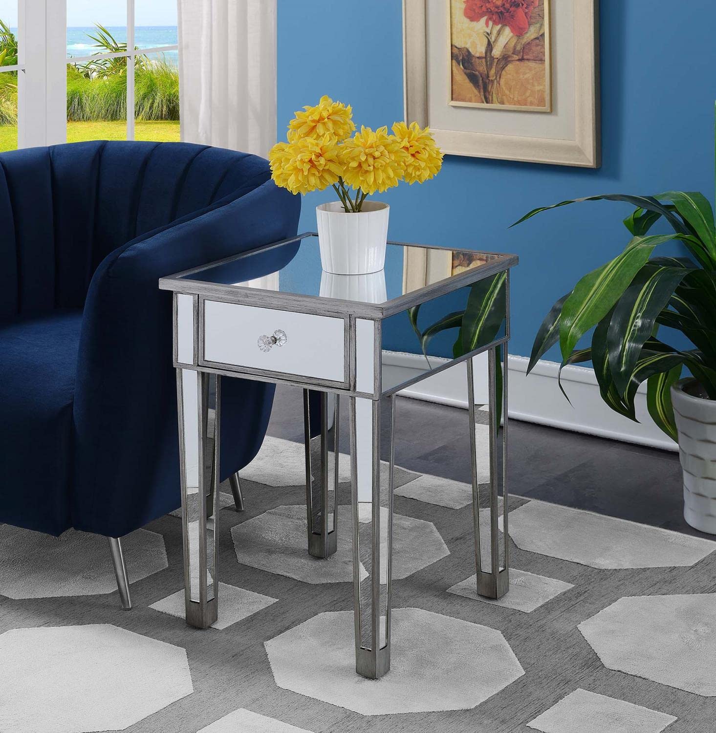 Gold Coast Mirrored End Table with Drawer - Antique Silver Finish & Mirror Top | Stylish Nightstand for Bedroom, Living Room, or Entryway Decor
