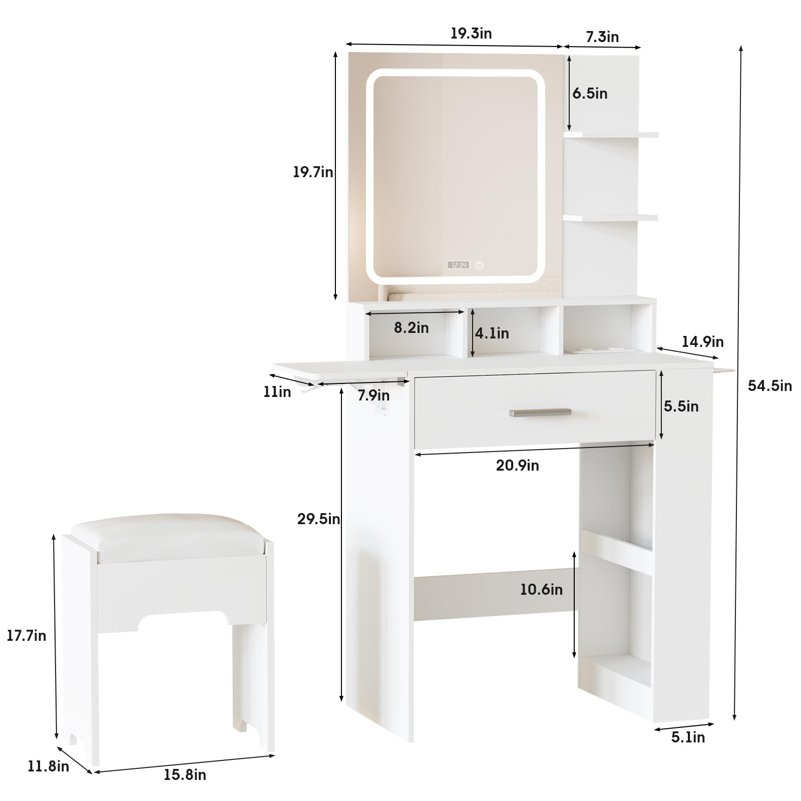 Fameill Small Vanity Desk with Mirror & LED Lights, White Makeup Vanity Table with Drawer, Storage Shelves, USB Charging Station & Digital Clock - Includes Vanity Chair for Bedroom, Dressing Room & Apartment Decor