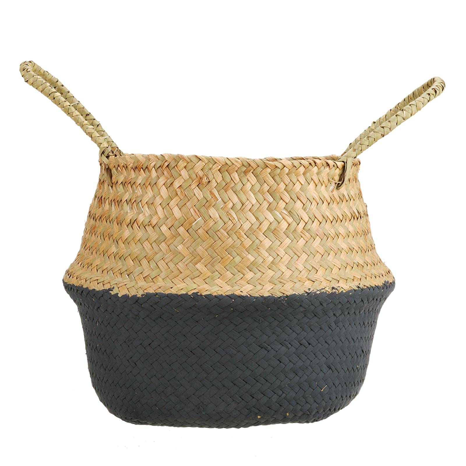 Handmade Seagrass Storage Basket - Foldable Bamboo Laundry Basket, Wicker Rattan Planter for Garden, Home Decor (27x23cm, Black) | Perfect for Organizing Clothes, Toys, and Indoor Plants