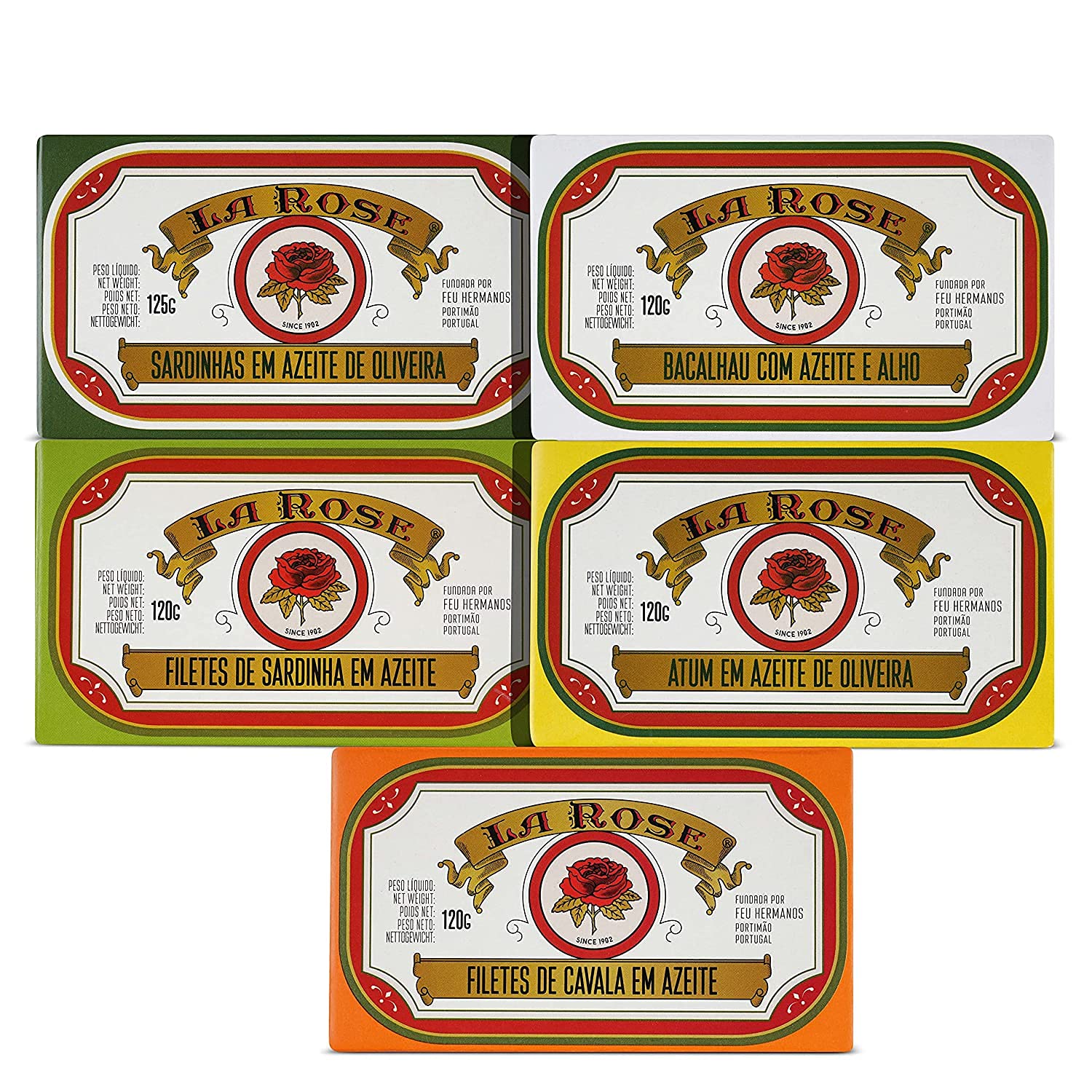 Premium La Rose Portuguese Canned Fish Gift Set - 5 Varieties (Sardines, Codfish, Tuna, Mackerel) - Gourmet Seafood Selection for Picnics, Charcuterie Boards & Mediterranean Cooking
