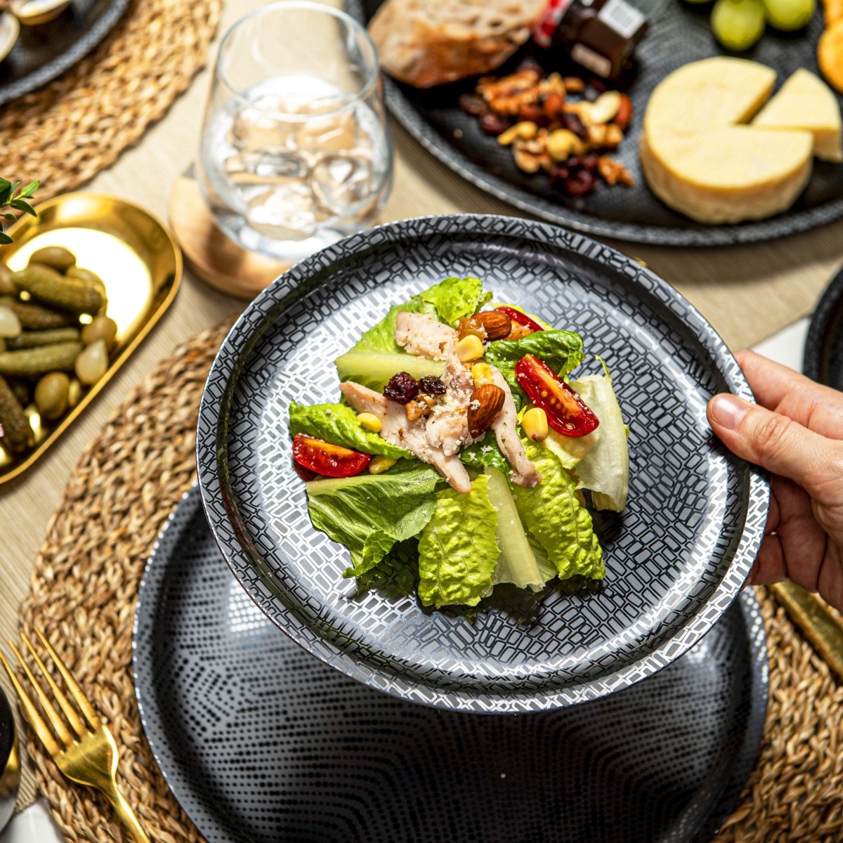 12-Piece Black Melamine Dinnerware Set - Durable Plates & Bowls for Outdoor Dining, Camping, and Picnics