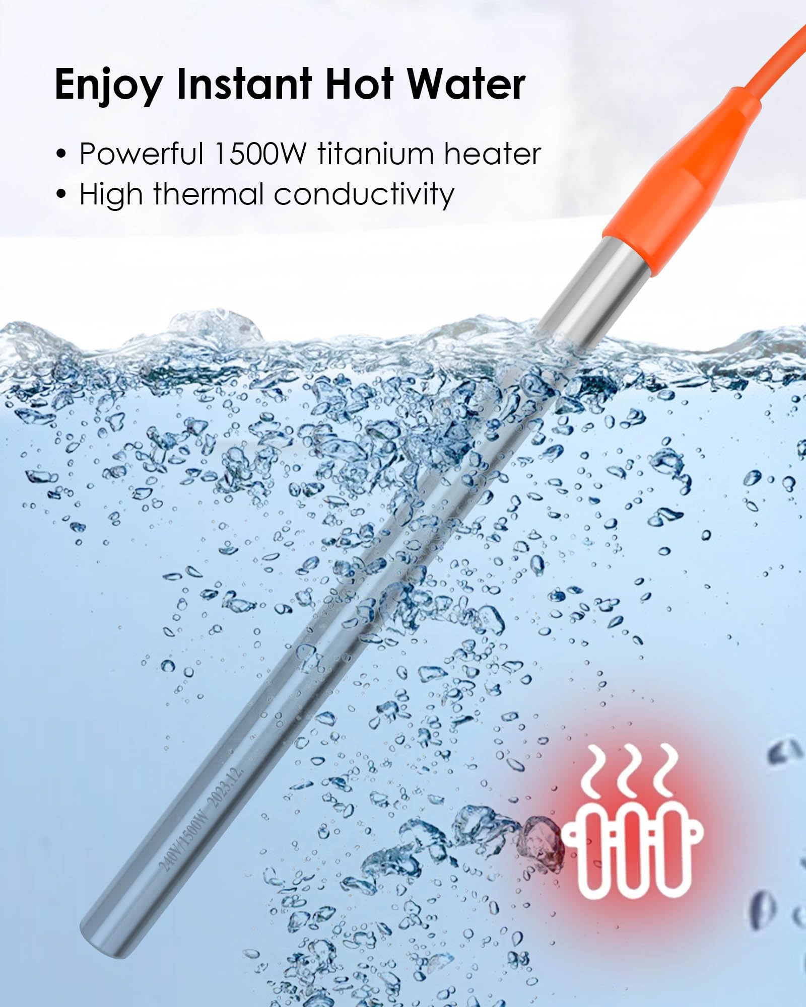 1500W 120V Titanium Water Heater Assembly with NEMA 6-15P Plug - Submersible Electric Heater for Bathtub, Hot Tub, Pool & Water Tank - Portable Immersion Heater for Spa, Swimming Pool & Home Use