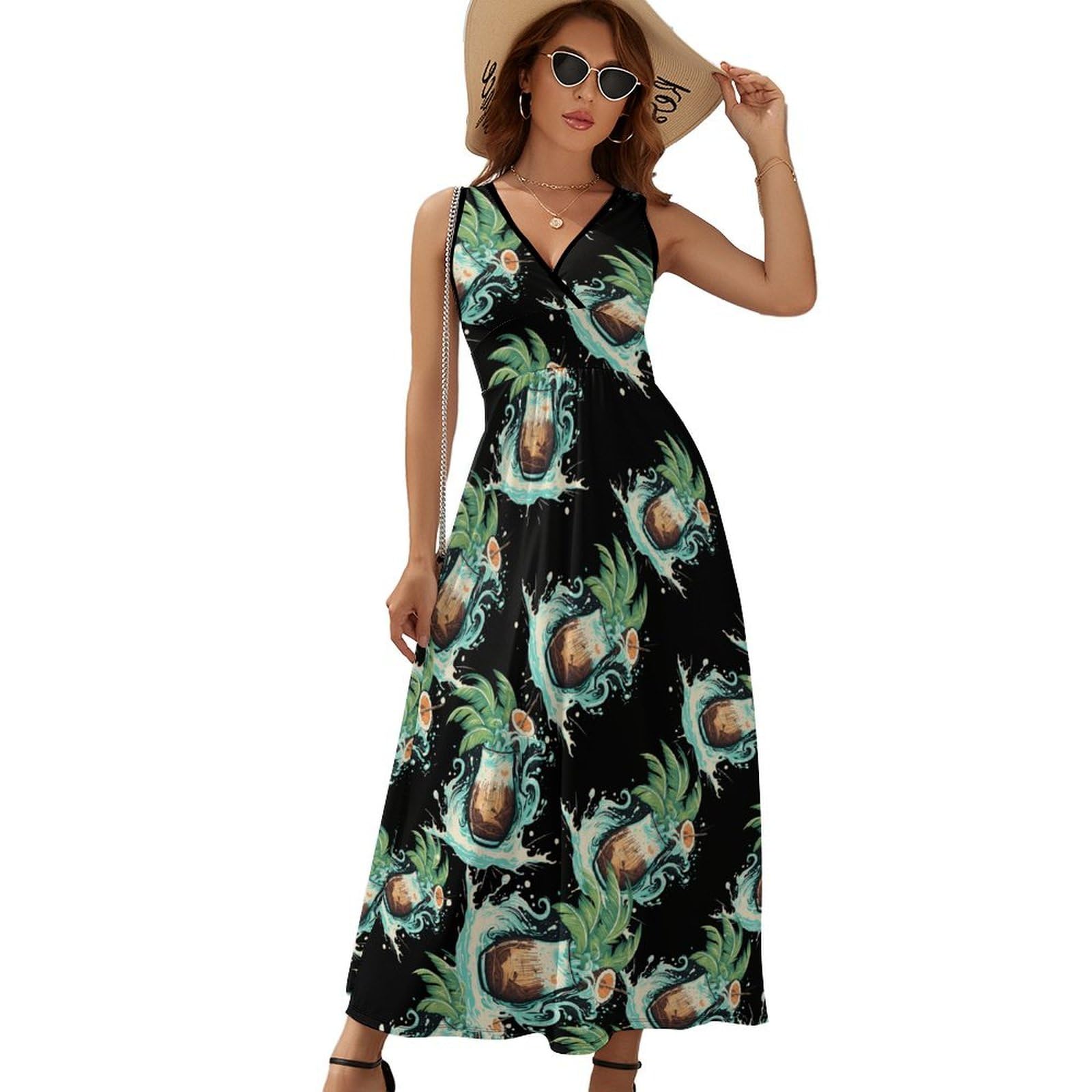 Women's Casual Sleeveless Loose Fit Palm & Coconut Print Maxi Sundress - Perfect for Beach Vacations, Summer Outings, and Tropical Getaways