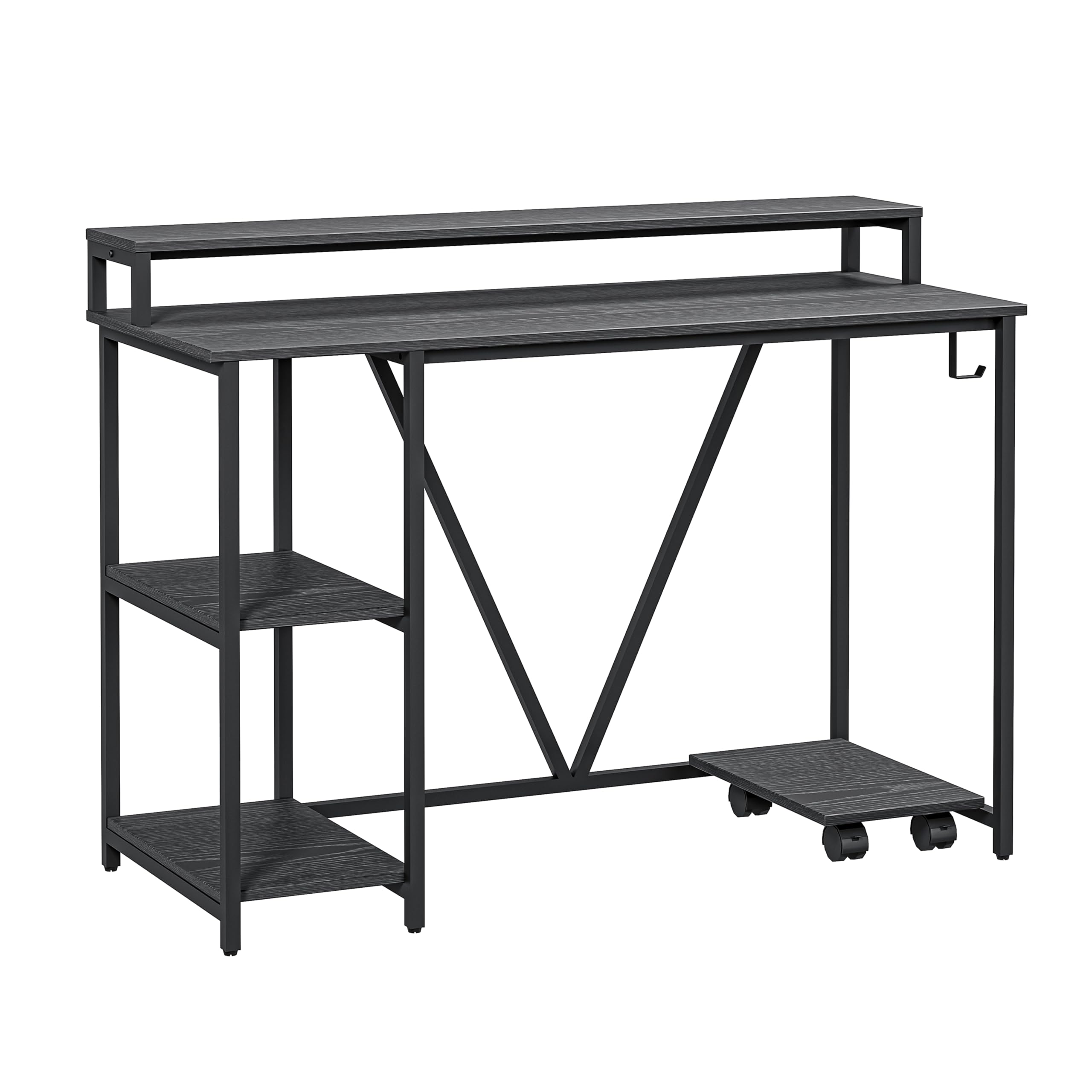 Techni Mobili Industrial Computer Desk with Storage Shelves, Monitor Stand & Accessory Holder - Home Office Laptop Table with CPU Caddy & 2-Tier Bookshelf - Perfect for Small Spaces & Modern Workstations