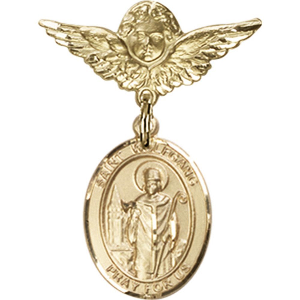 Gold Filled St. Wolfgang Charm & Angel Wing Baby Badge Pin - 1 x 3/4 Inch - Perfect for Christening Gifts, Baby Showers & Keepsake Jewelry