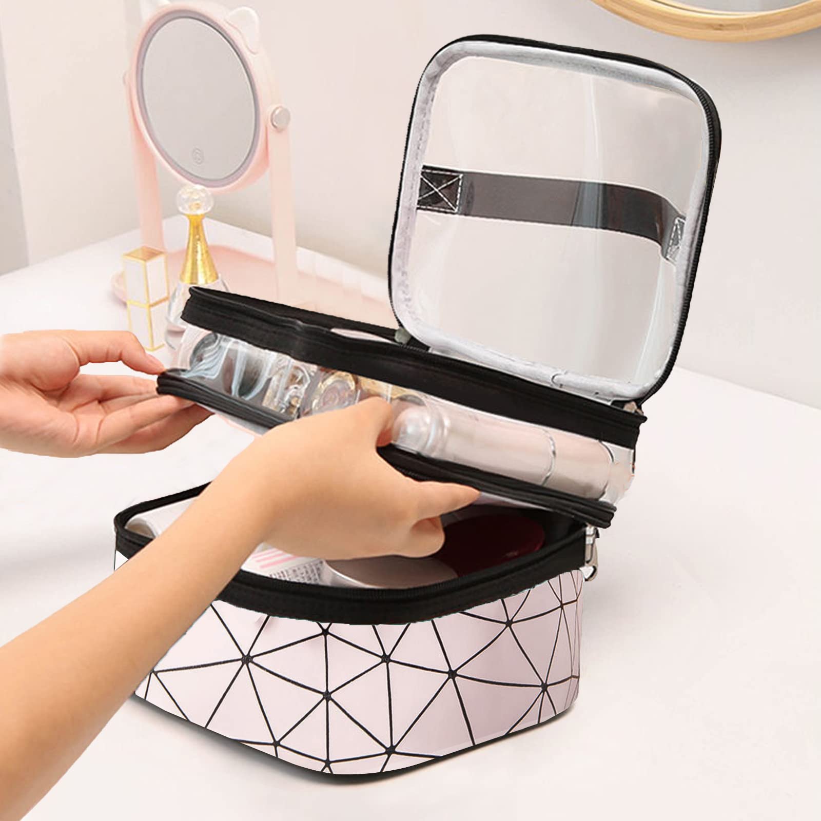 Large Capacity Travel Cosmetic Bag - Double Layer Waterproof Makeup Organizer with Multiple Compartments | Portable Toiletry Bag for Women | Perfect for Vacation, Gym & Daily Use (Pink)
