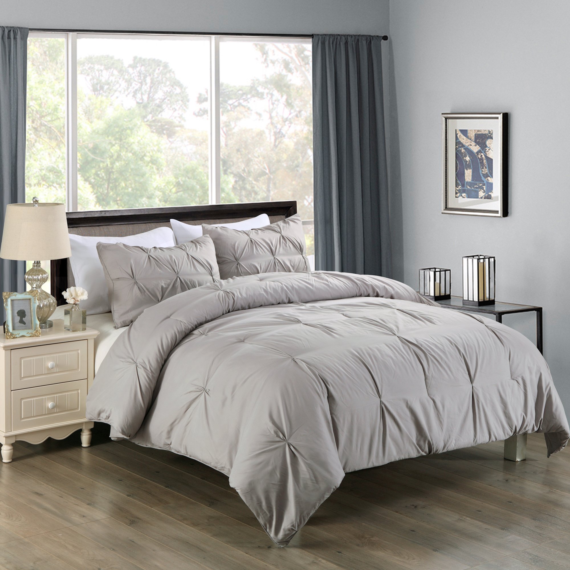Lotus Home Water & Stain Resistant Pintuck Comforter Set - King Size, Silver, 3-Piece Bedding | Luxury Bedroom Decor for Master Suite & Guest Room