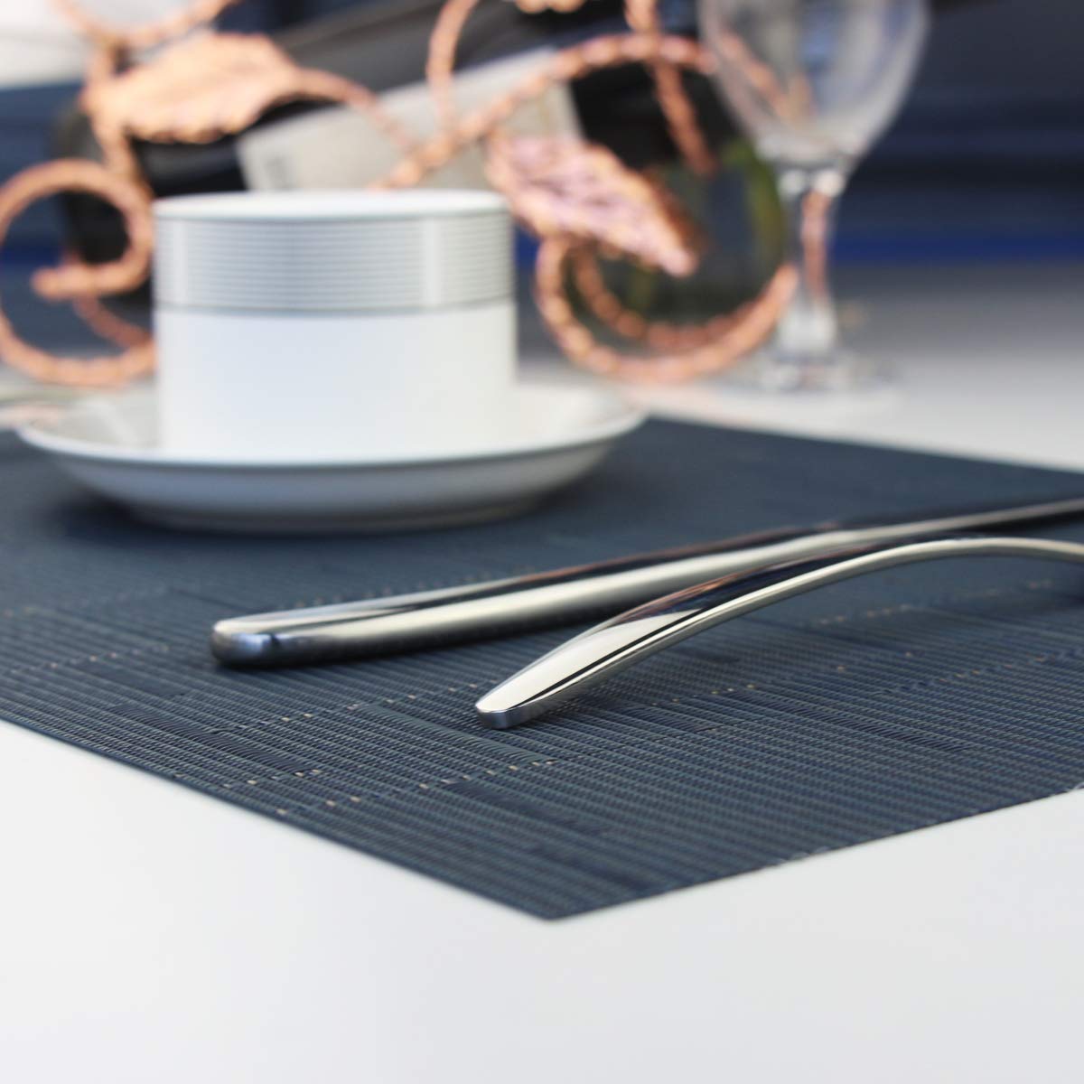 Washable Vinyl Placemats Set of 4 - Navy Blue Woven Table Mats for Dining, Kitchen & Outdoor Use - Easy to Clean & Durable Tableware Decor