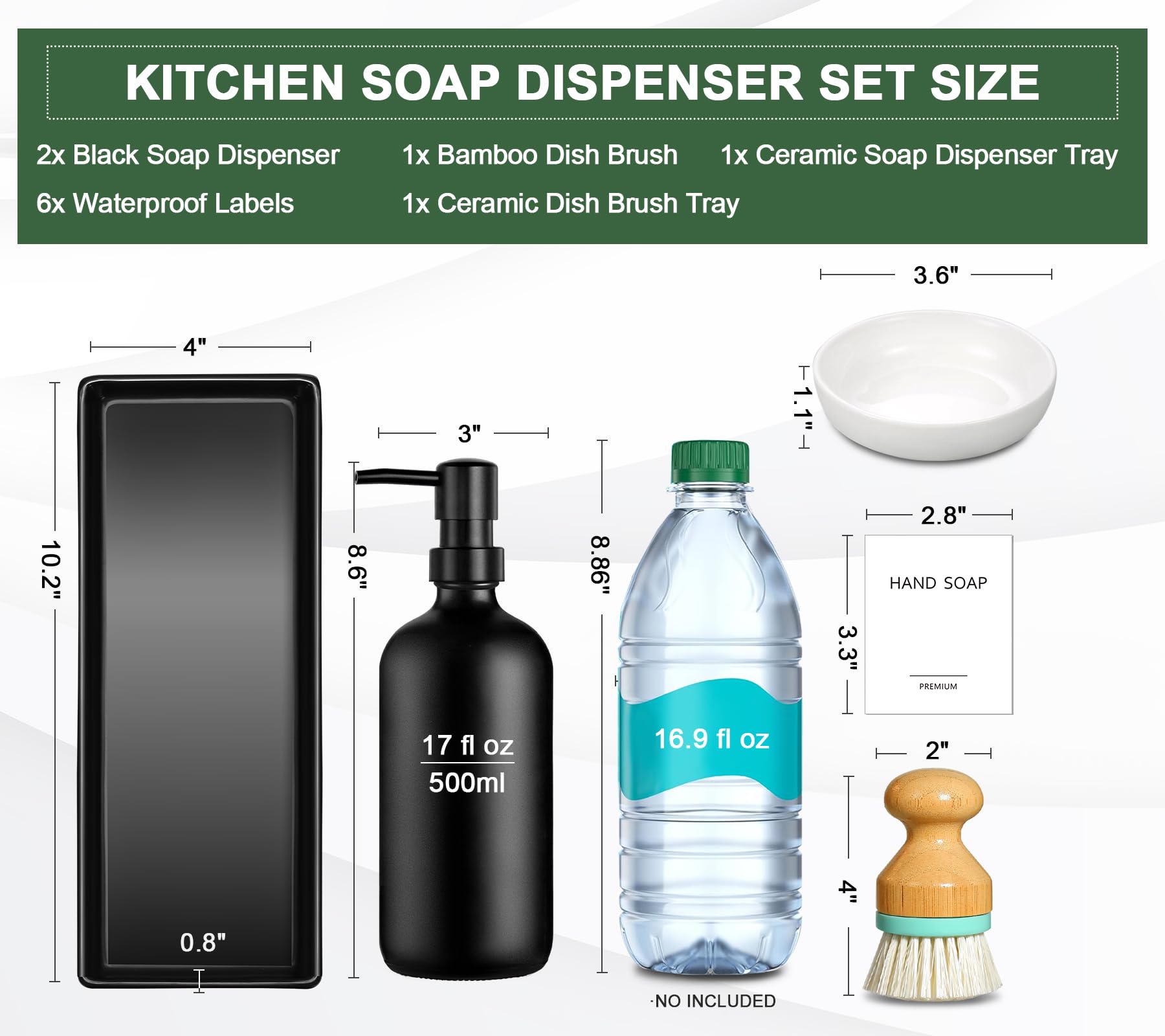 GMISUN 17 fl oz Glass Soap Dispenser Set with Ceramic Tray & Bamboo Brush - Matte Black Refillable Hand and Dish Soap Bottle for Kitchen Sink Countertop - 2PCS Modern Soap Dispenser Set for Bathroom & Kitchen Decor