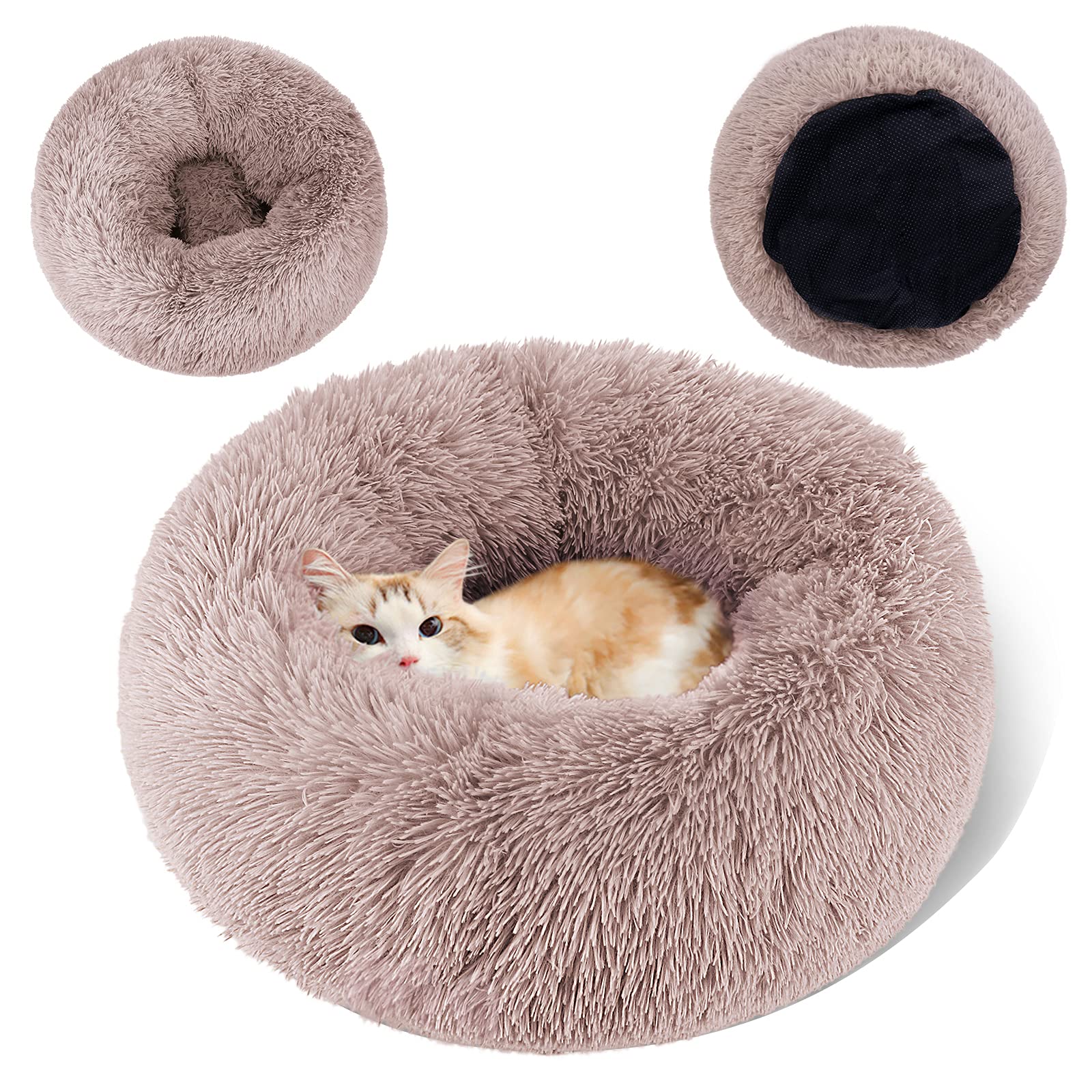 Topmart Plush Calming Dog Bed & Washable Cat Donut Bed - Anti-Anxiety Faux Fur Pet Bed for Small Dogs & Cats (23×23 Inches, Beige) - Perfect for Stress Relief, Cuddling & Comfort in Living Rooms or Bedrooms