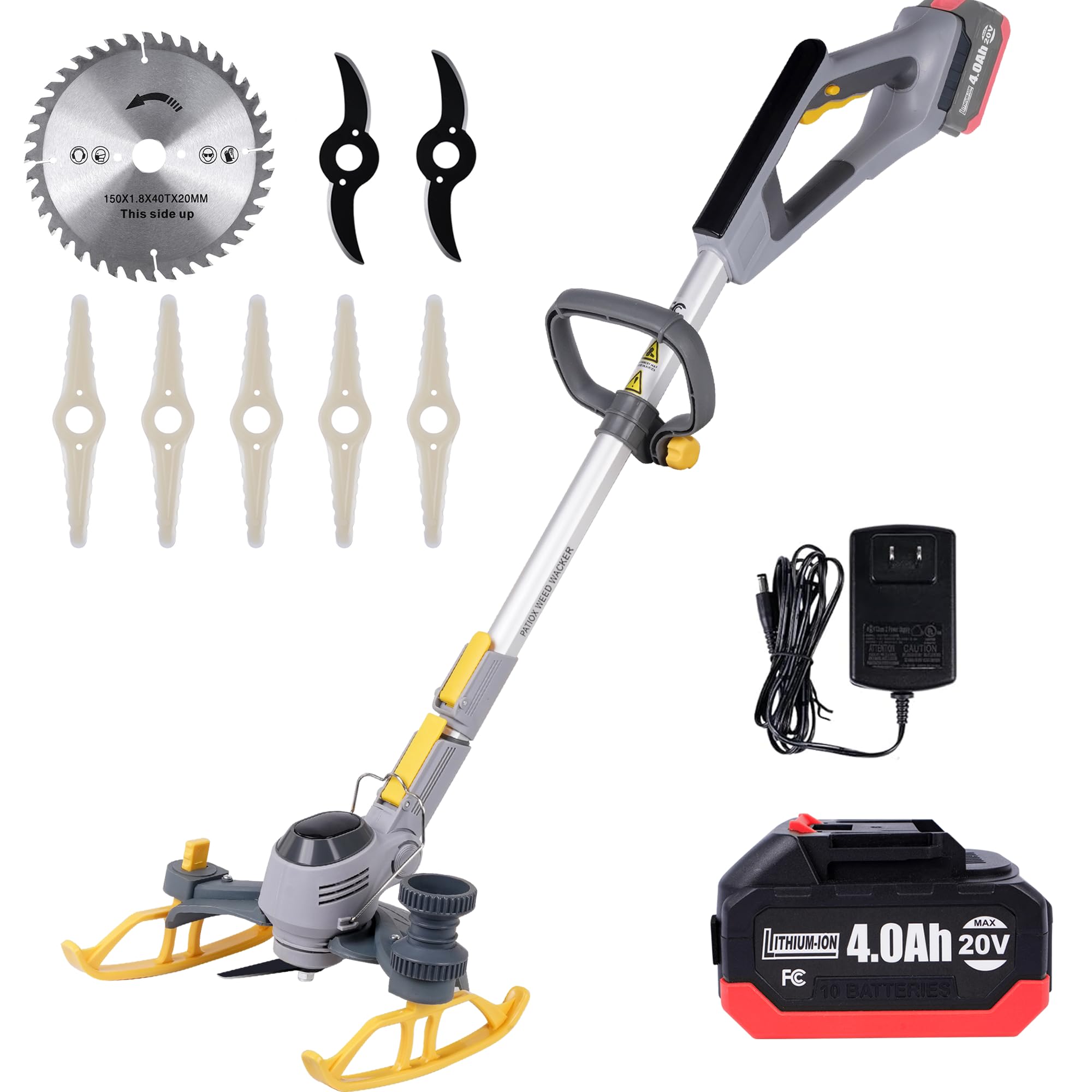 PATIOX Cordless Electric Weed Trimmer - 20V Rechargeable Grass Trimmer with 4.0Ah Battery & Blade - Lightweight Handheld Lawn Mower for Yard, Garden, and Patio Maintenance