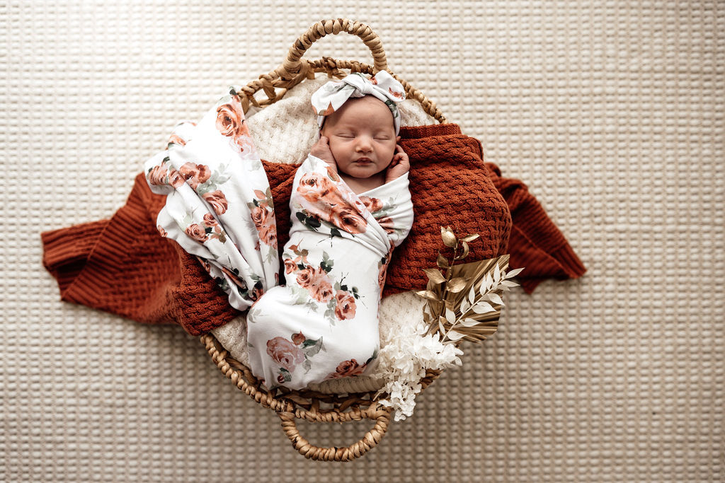 Snuggle Hunny Baby Jersey Wrap & Topknot Set - Soft Cotton Newborn Swaddle Blanket & Headband Outfit for Girls - Perfect for Photography, Baby Shower Gifts & Nursery Essentials