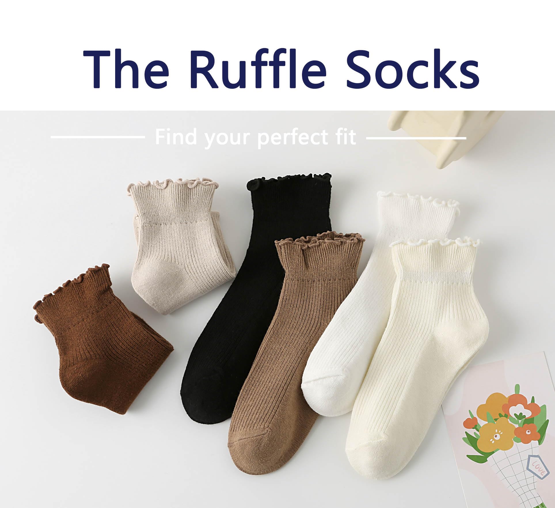 Women's Cute Ruffle Ankle Socks 6-Pack - Soft Cotton Knit Lettuce Trim Frilly Turn-Cuff Casual Socks for Everyday Wear, Outfits & Gifts
