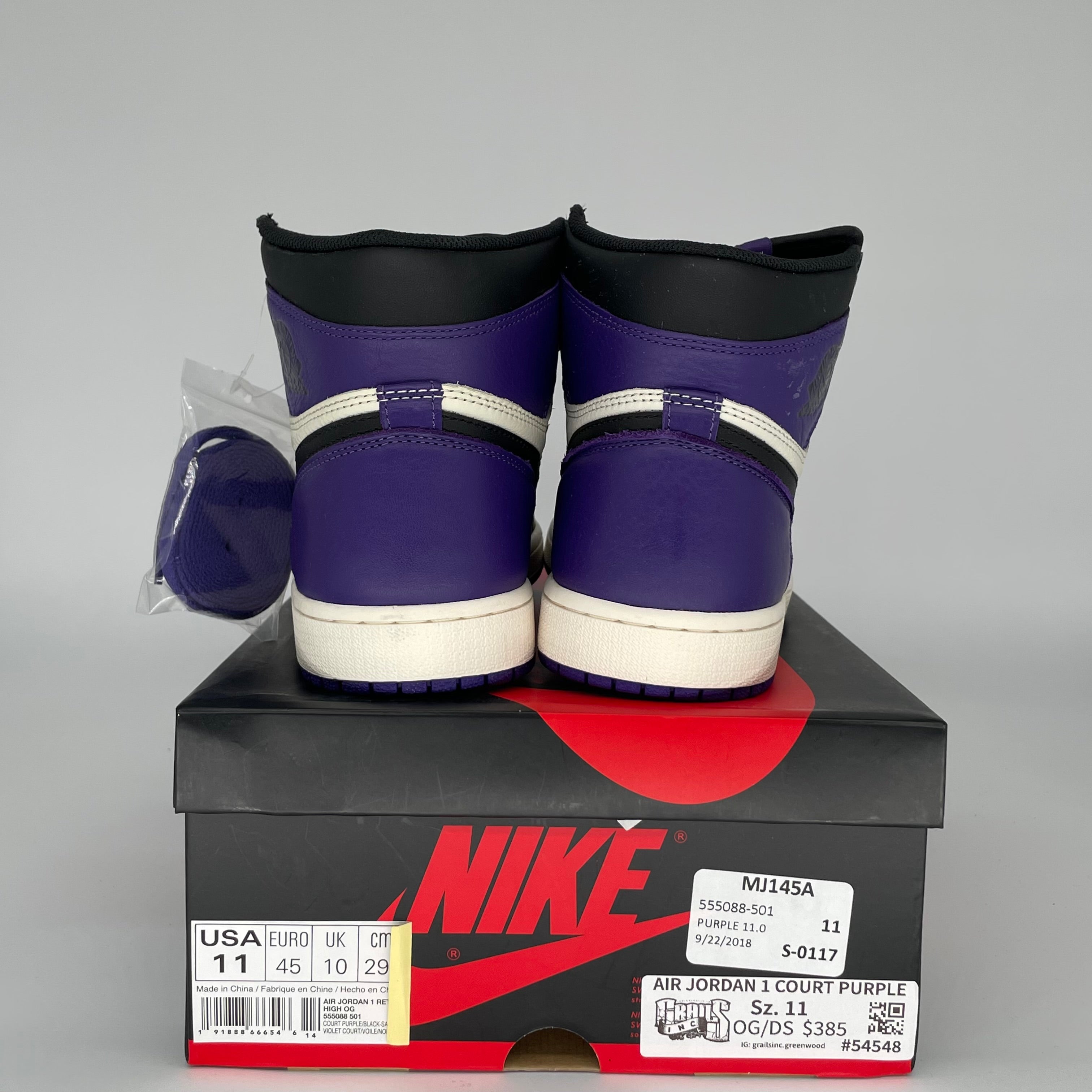Original: AIR JORDAN 1 COURT PURPLE SIZE 11 555088 501   Optimized: Air Jordan 1 Retro High OG 