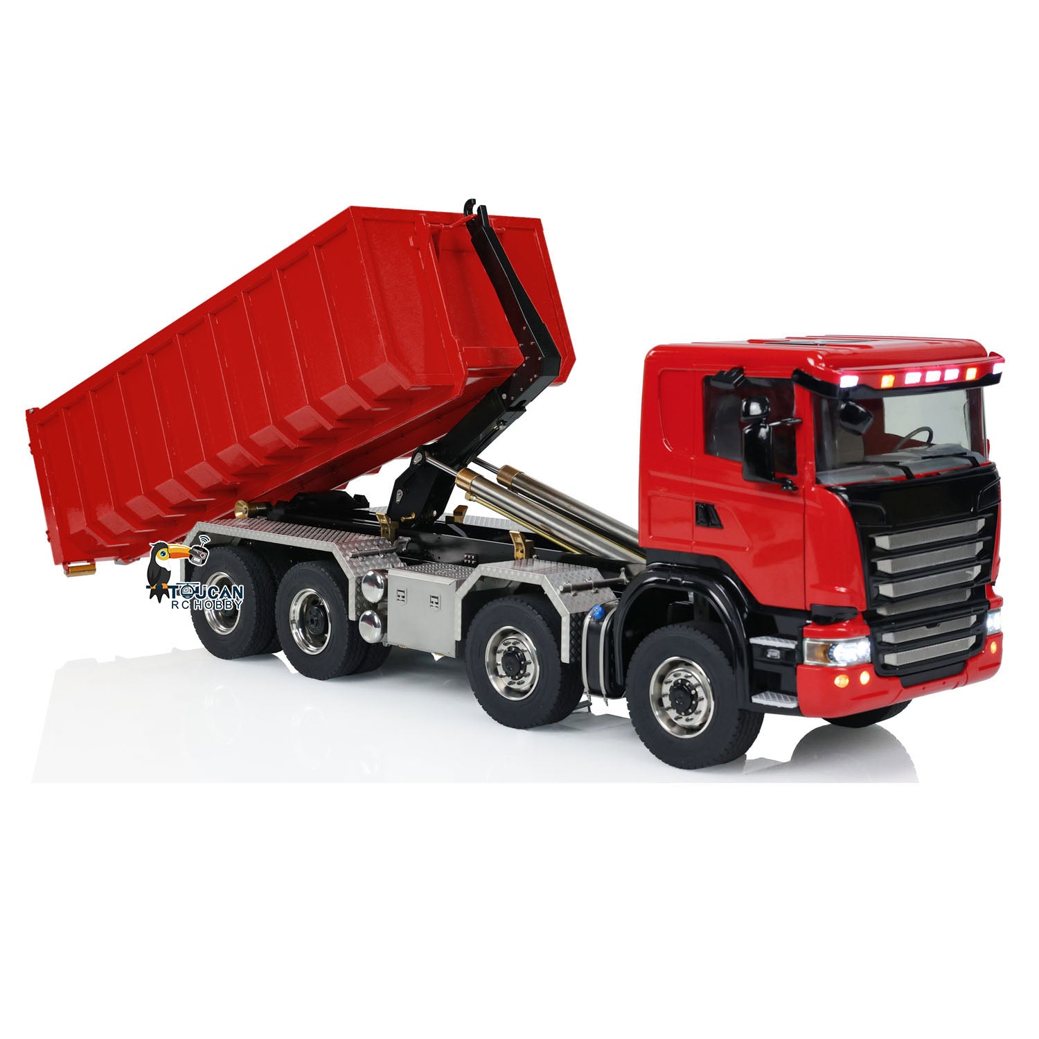 1/14 Scale 8x8 RC Hydraulic Dump Truck - Radio Controlled Roll Off Dumper with U-Shaped High Bucket & Timber Flatbed | Construction Site, Farm & Off-Road Play for Adults & Kids