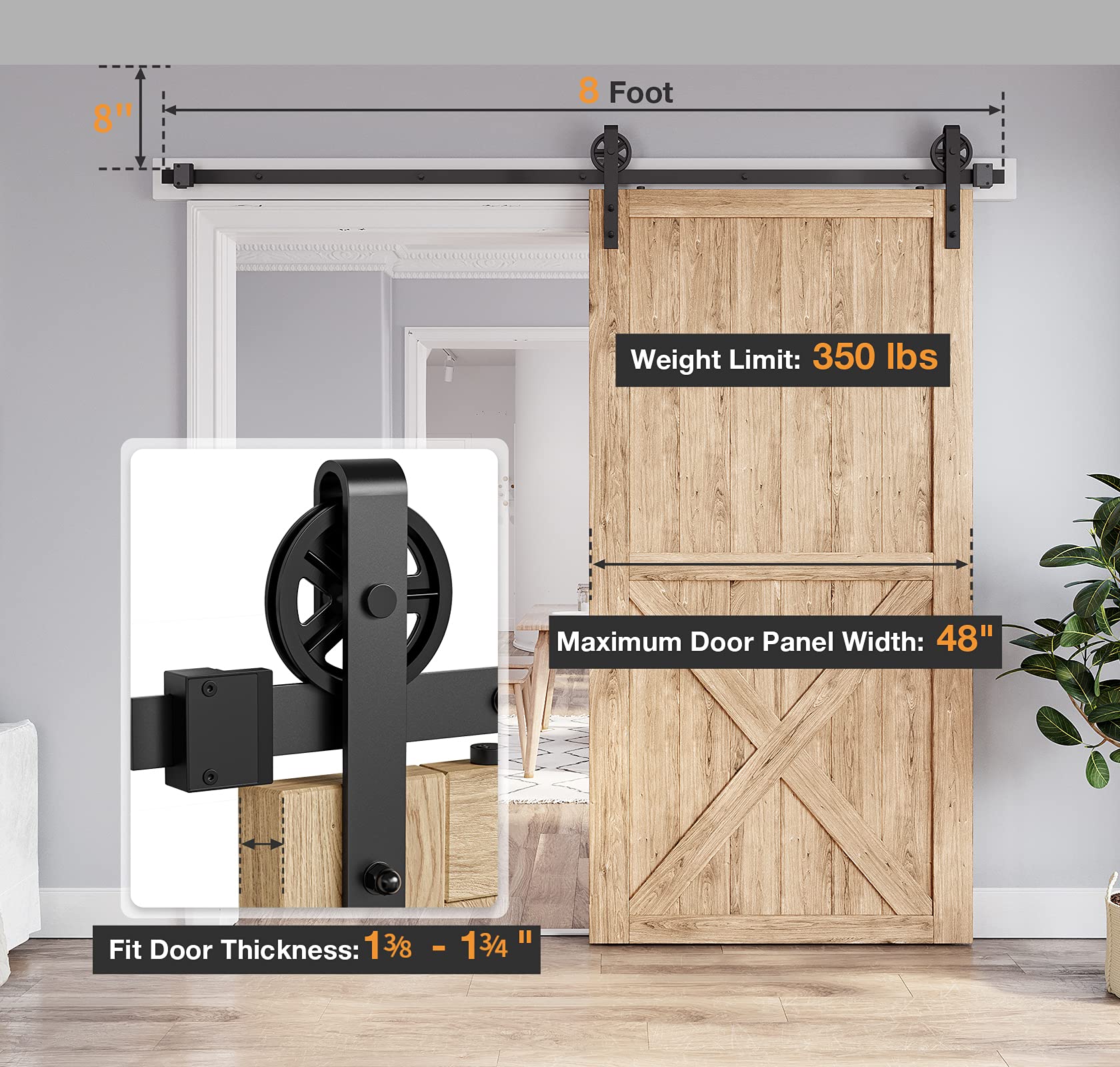 8FT Heavy Duty Sliding Barn Door Hardware Kit - Industrial Big Wheel J Hangers for Wood Single Doors (Fits 1 3/8
