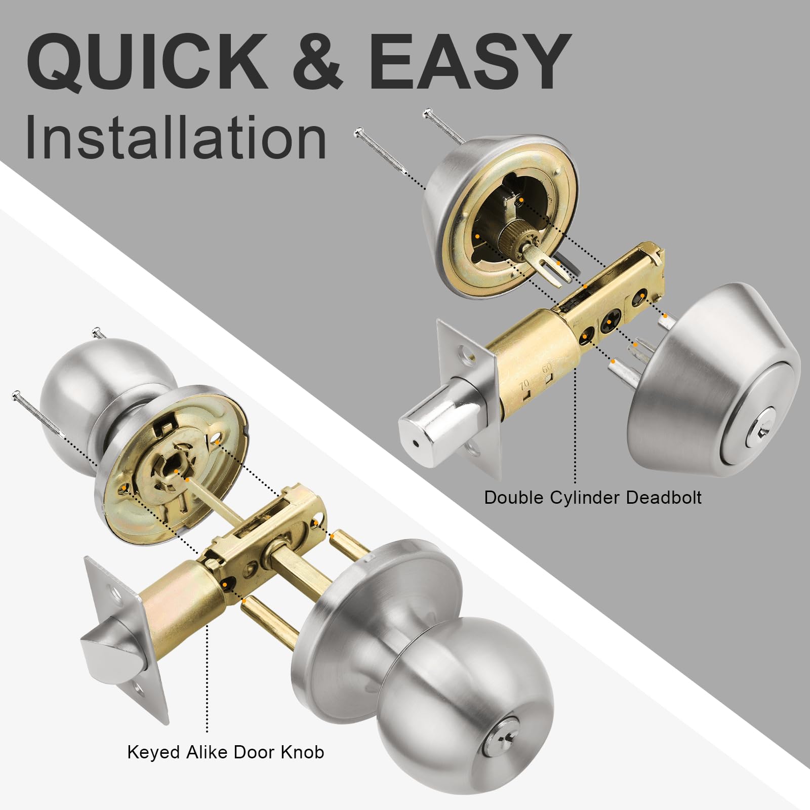 5 Pack Keyed Alike Entry Door Knobs & Deadbolt Lock Set - Satin Nickel Finish, Double Cylinder Security, Round Style Knob for Home & Office Doors | Ideal for Front Door, Bedroom, Bathroom & Interior Doors