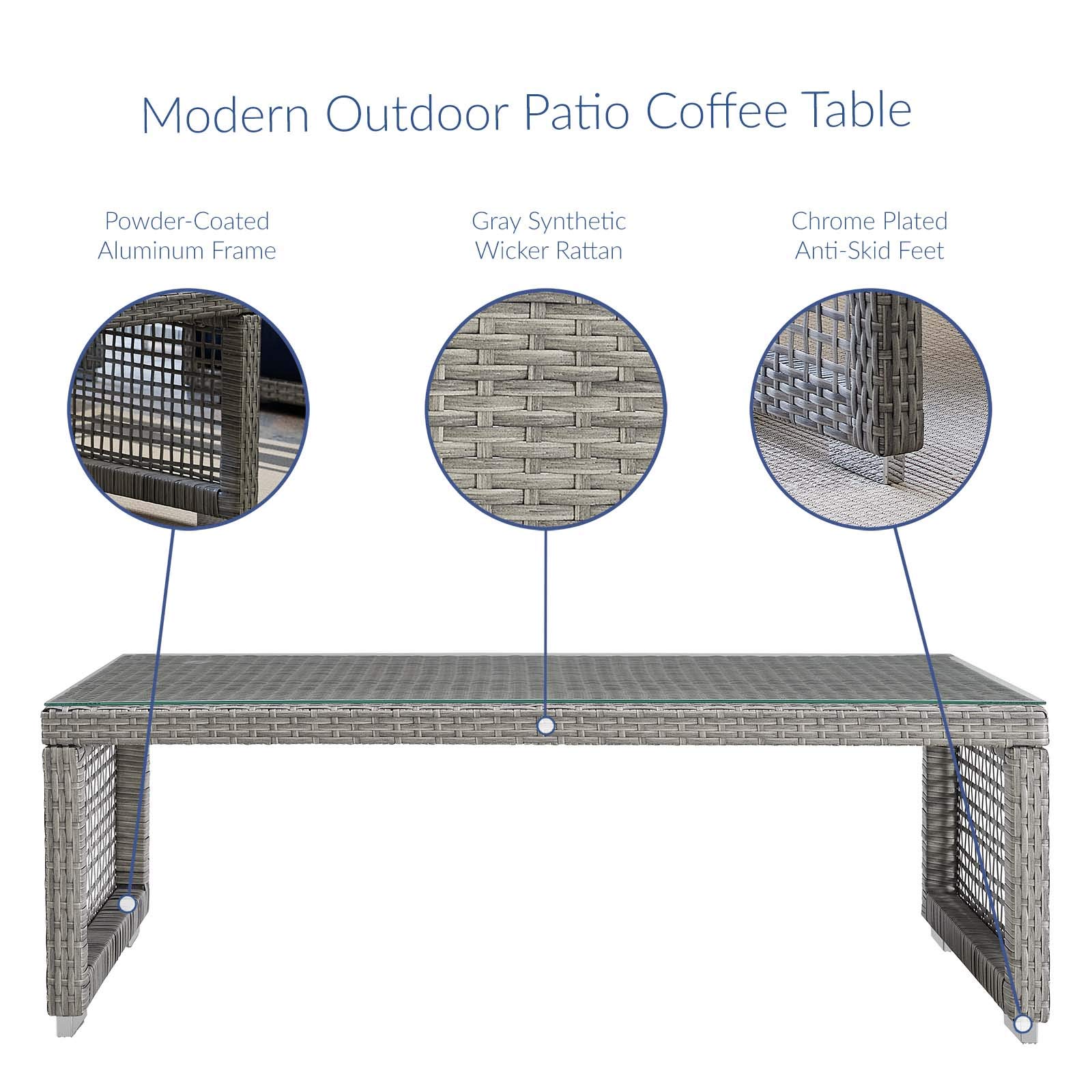 Modway Aura Wicker Rattan Outdoor Patio Coffee Table with Tempered Glass Top - Gray Weather-Resistant Furniture for Garden, Poolside & Backyard Relaxation