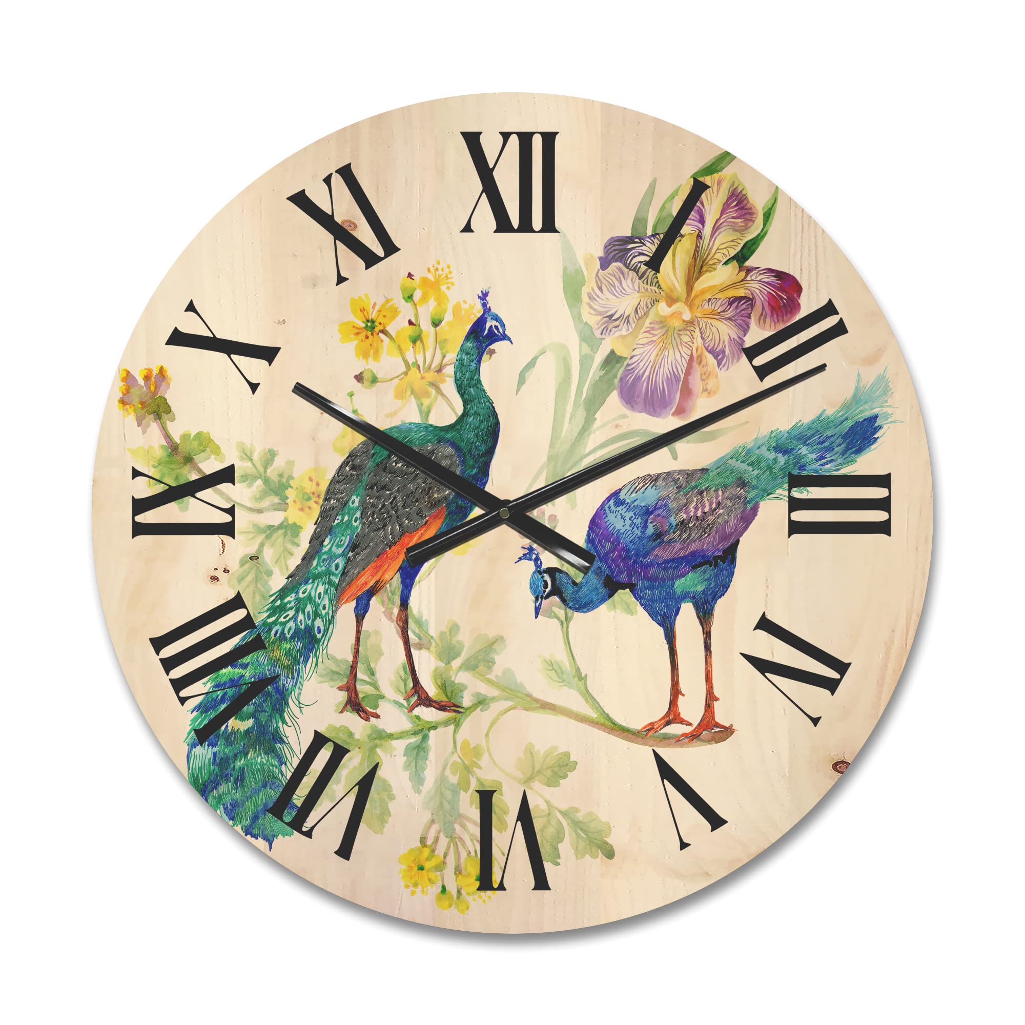 DesignQ 'Iris Flowers and Peacocks' Traditional Large Wood Wall Clock - Oversized Decorative Animal Wall Clock for Living Room, Bedroom & Office Décor - Perfect for Farmhouse, Vintage & Boho Home Decor Styles