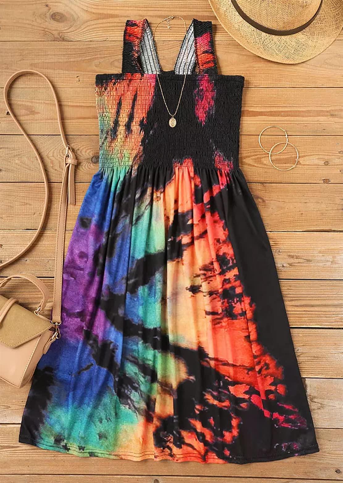 Women's Summer Floral Spaghetti Strap Sundress - Casual Beach Cover Up Smocked A-Line Mini Dress for Vacation, Pool Party & Outdoor Date Night
