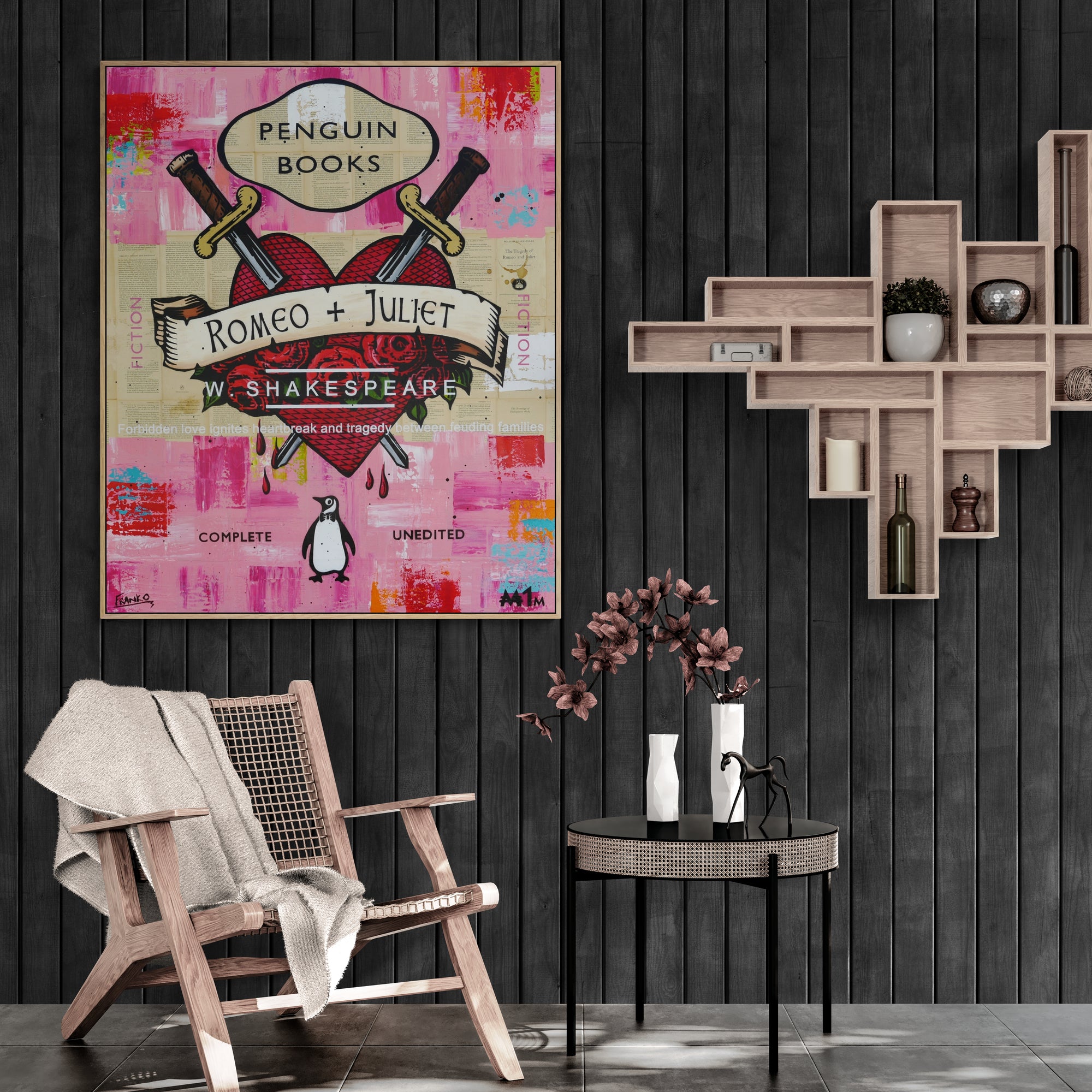 Hearts on Fire 120cm x 100cm Romeo & Juliet Urban Pop Art Painting - Perfect for Book Club Decor & Modern Living Room Wall Art